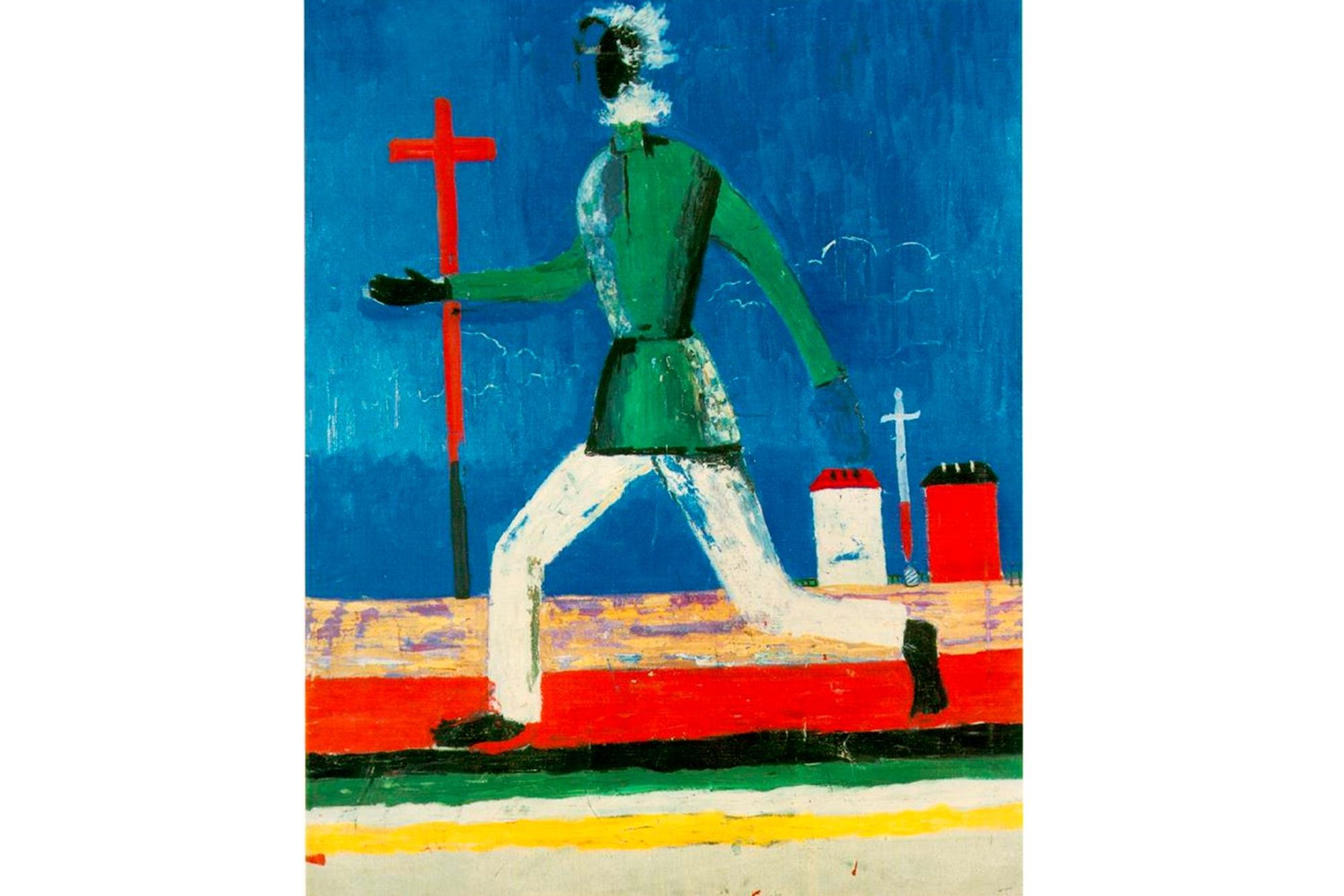 A featureless man, painted in black with white beard and hair, long green shirt and white pants, running against the black sky and the field of (top to bottom) yellow-blue, red, black, green, white, yellow and white strips. In the background, there are two towering crosses - one is tall and red, the other is farther, white with a red base, standing between two bright silos (houses?) in red, black and white.

K. Malevich, 1933