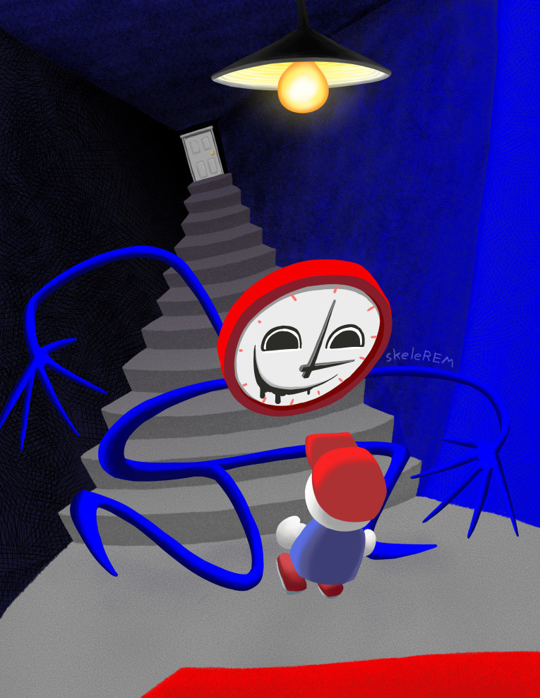 artwork of a scene from the game Endacopia where the protagonist Mellow is attacked by another character. The character attacking him is named clocky and has a long spindly blue body and a red-framed wall clock for a face. The stairway to the room is behind clocky, with the stairs stretched far into the distance in a black void.