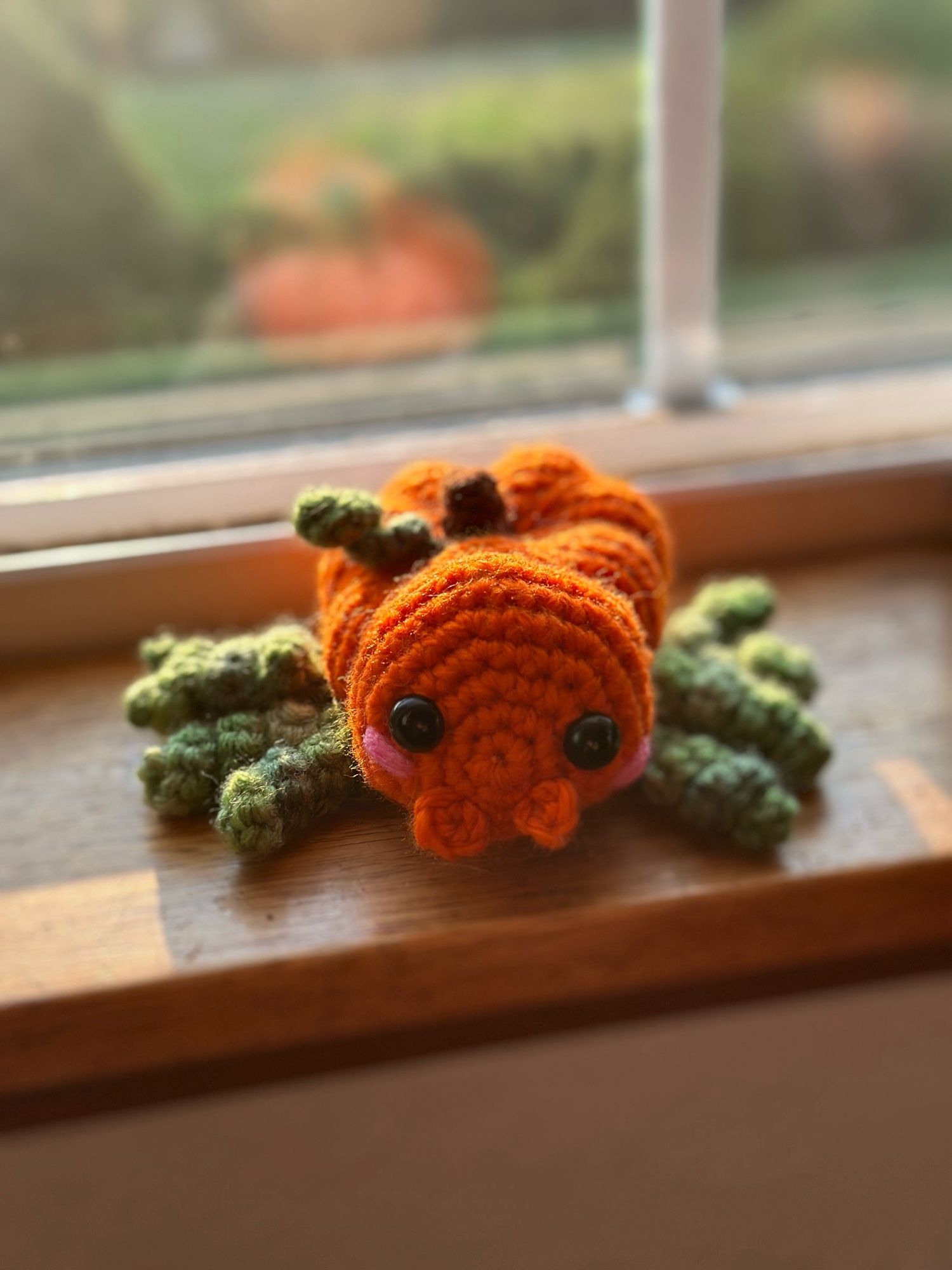 Another photo of the same crochet pumpkin spider on a windowsill