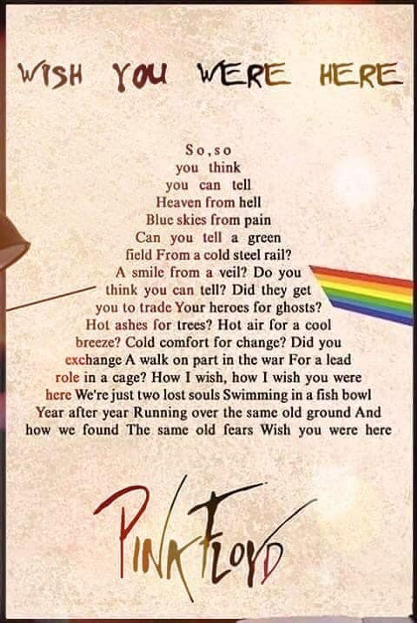 lyrics to pink floyd's wish you were here