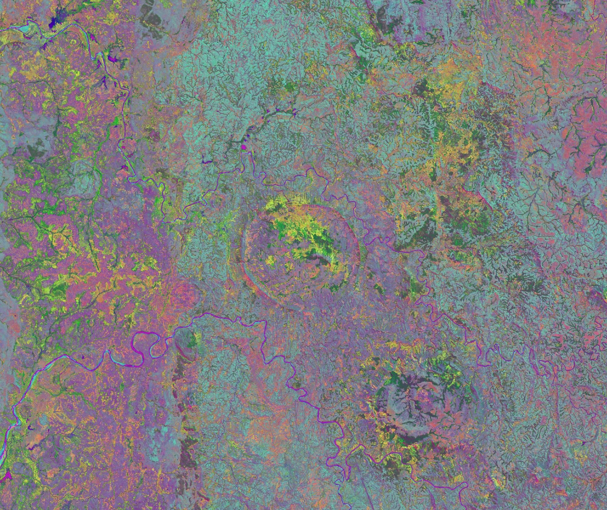 A wildly, some would say unpleasantly, colorful timeseries-based autoregressed landcover map of Amereny Massif and environs.