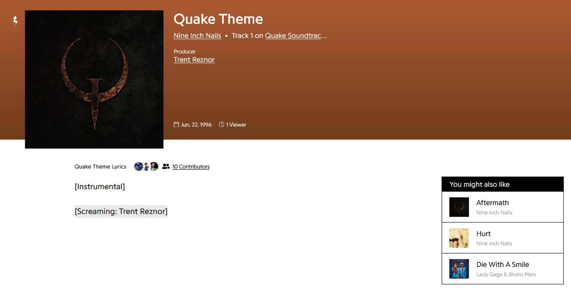 A Genius page for the Quake theme, by Nine Inch Nails. It simply says "[Instrumental] [Screaming: Trent Reznor]"