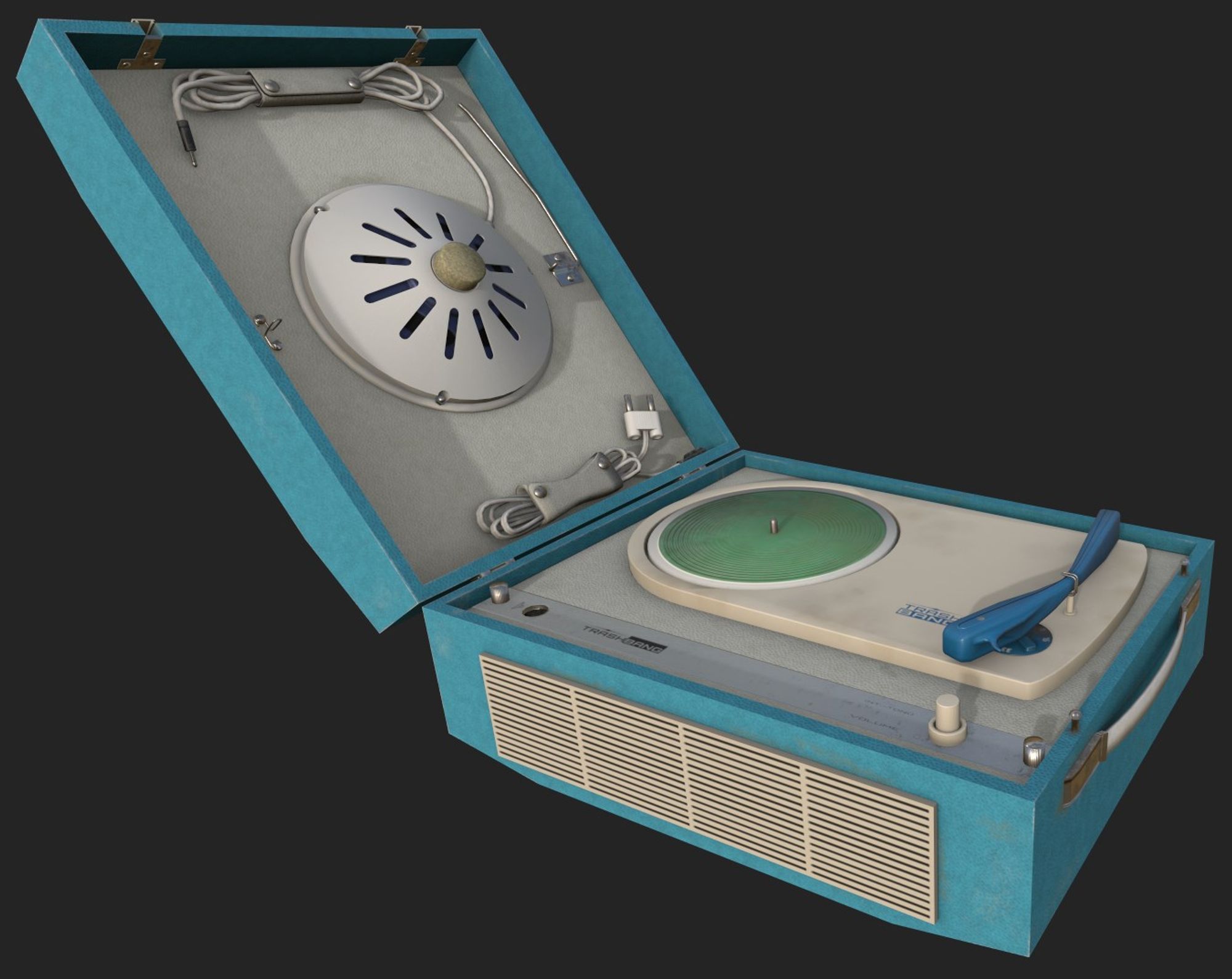 A blue and white phonograph (record player) with a clamshell design. The innards are cream-coloured, and the turntable is bright grey. A large white vent takes up one side of the case. There is a single speaker embedded in the upper half, pointing towards the outside.