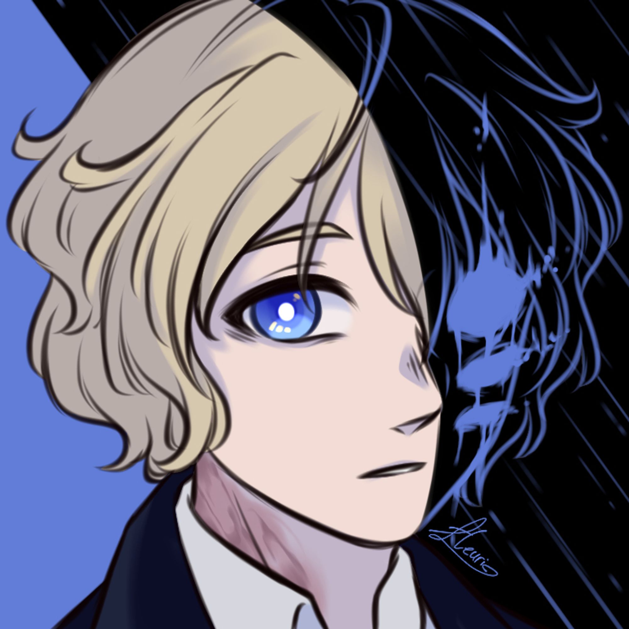 Headshot icon for Lyon, against a blue background. He is looking at the viewer with his mouth slightly open, half of his face obscured by a diagonal black shadow. The shadowed part contains blue lineart and shows 3 blank eyes that are shedding tears and smoke. It rains in the shadow.