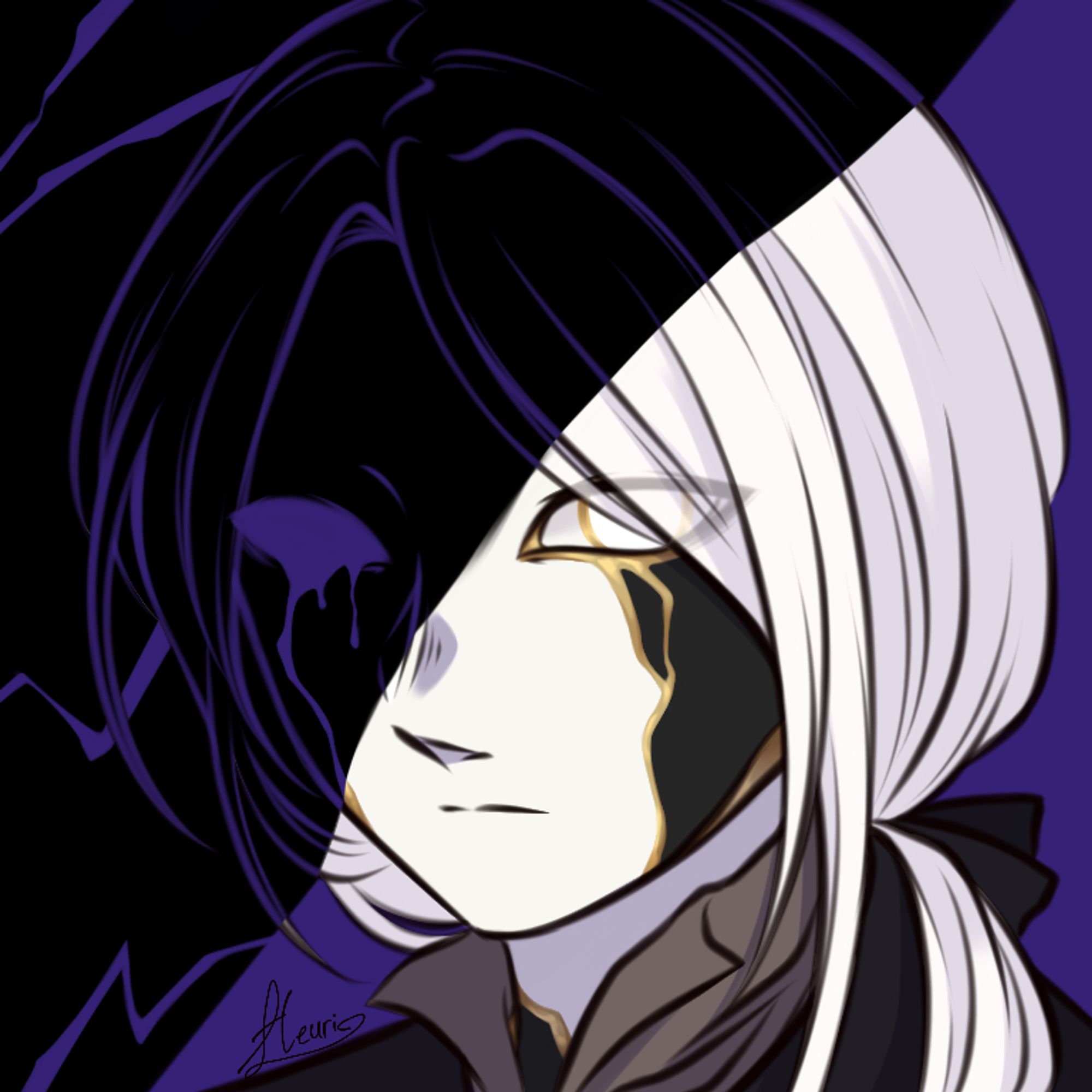 Headshot icon for Shion, against a dark purple background. It is looking at the viewer with a neutral expression, half of its face obscured by a diagonal black shadow. The shadowed part contains dark purple lineart, and it is shedding what seems to be tears. Lightning strikes in the shadowed background.