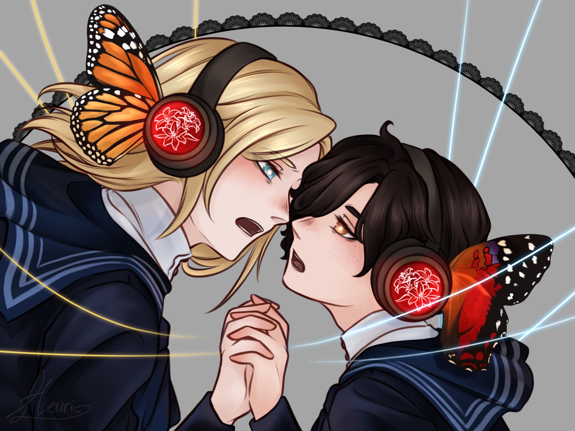 Digital illustration of Romeo and Carlo from Lies of P wearing the Monad Charity House school uniform, in a pose imitating the artwork of the Vocaloid song Magnet by Minato. Romeo's headpiece is adorned with the wing of a monarch butterfly, while Carlo's has that of a scarlet peacock butterfly. Gold and blue glowing puppet strings decorate the background and foreground.