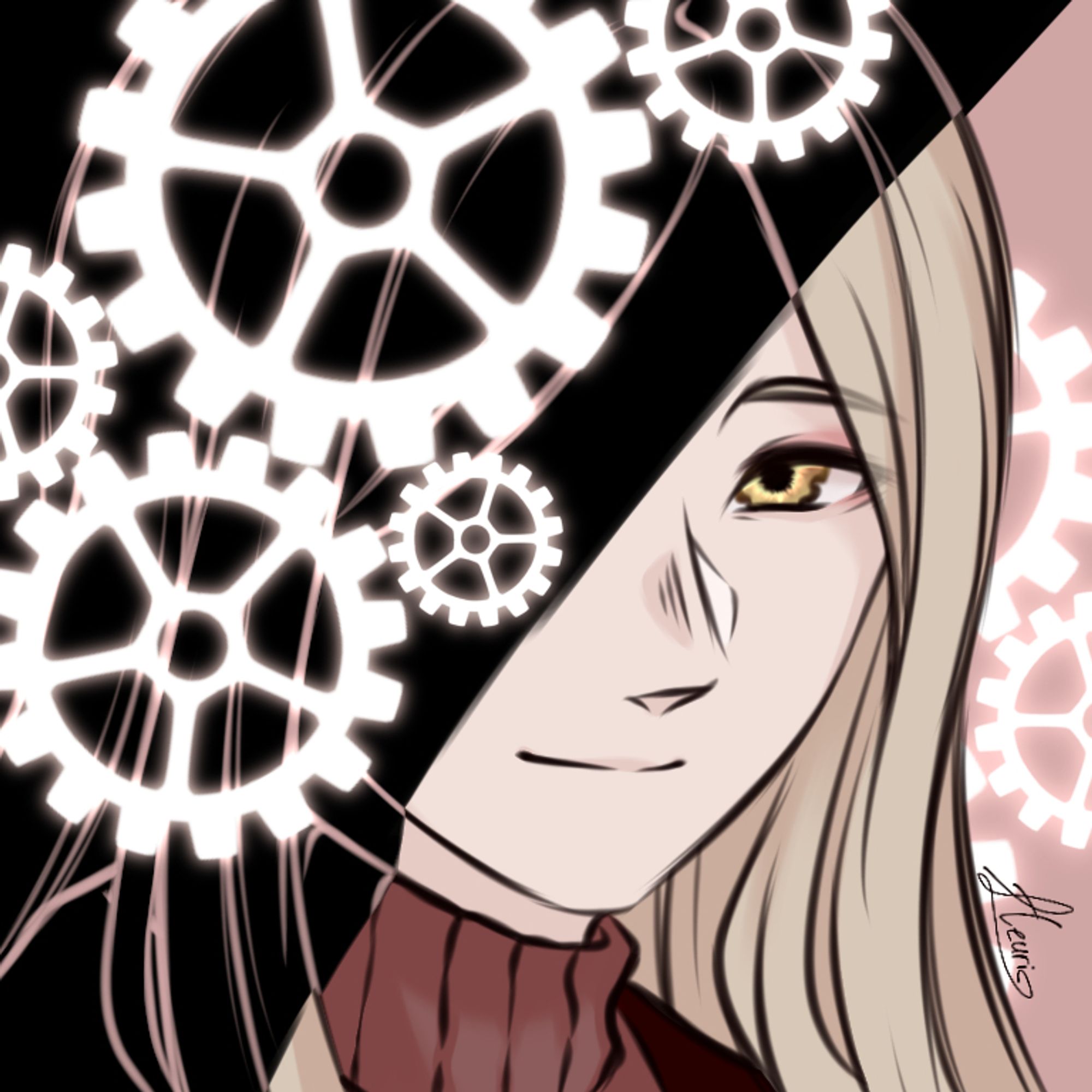 Headshot icon for Narae, against a muted pink background. She is looking at the viewer, smiling, half of her face obscured by a diagonal black shadow. The shadowed part contains muted pink lineart, as well as 5 glowing white gears of varying sizes obscuring her head.