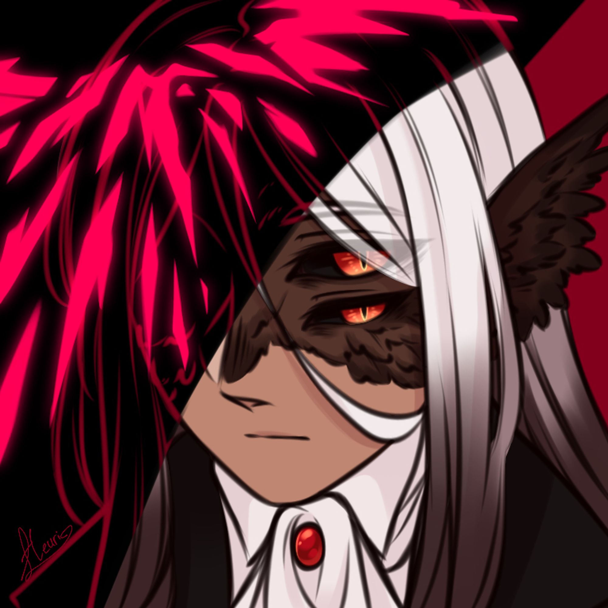 Headshot icon for Falke, against a dark red background. They are looking at the viewer with a neutral expression, half of their face obscured by a diagonal black shadow. The shadowed part contains dark red lineart, as well as the red silhouette of a broken halo.