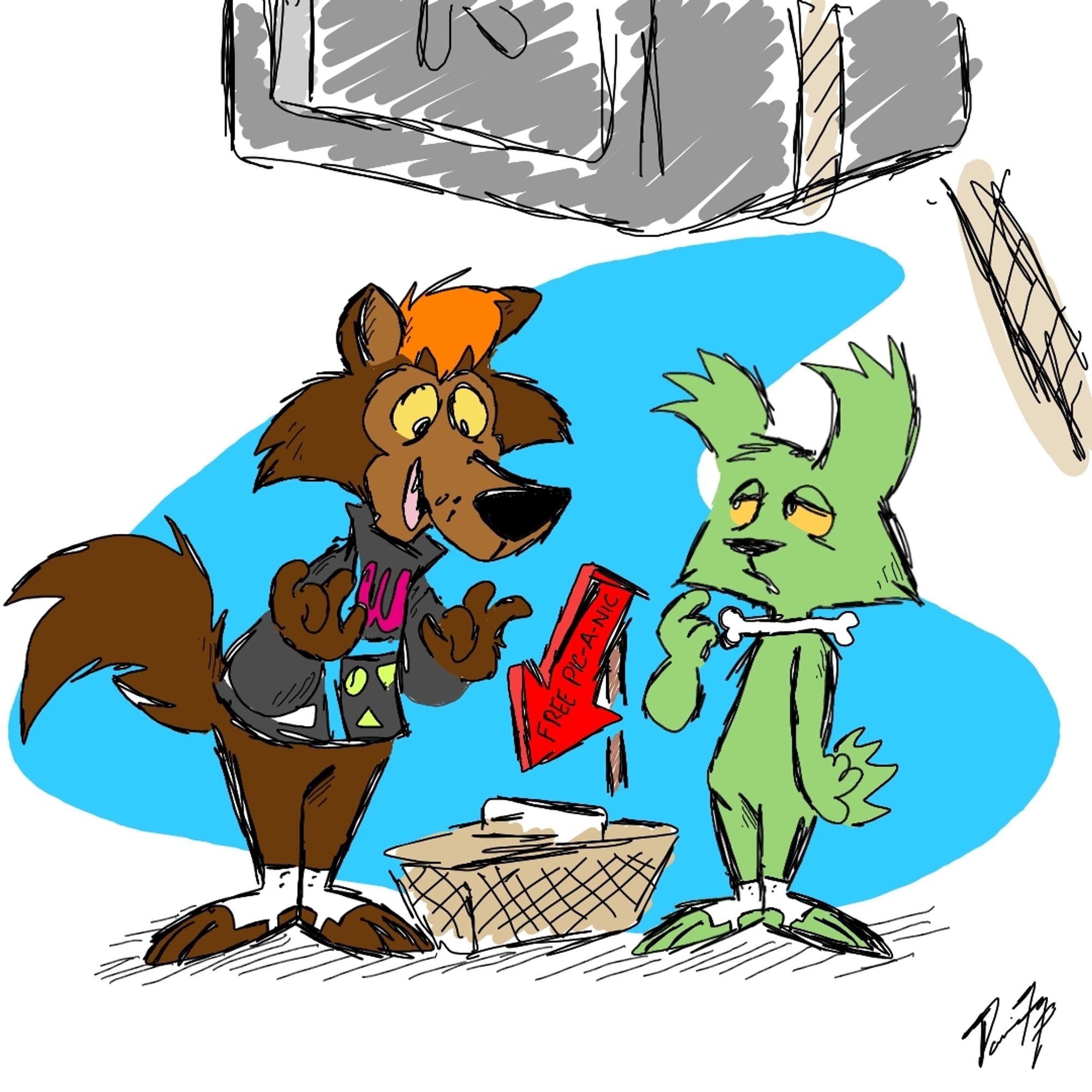 Dame D. Wuff and Uto, in Hanna Barbera style, try to get a free pic-a-nic basket, unsuspecting of the safe held above them