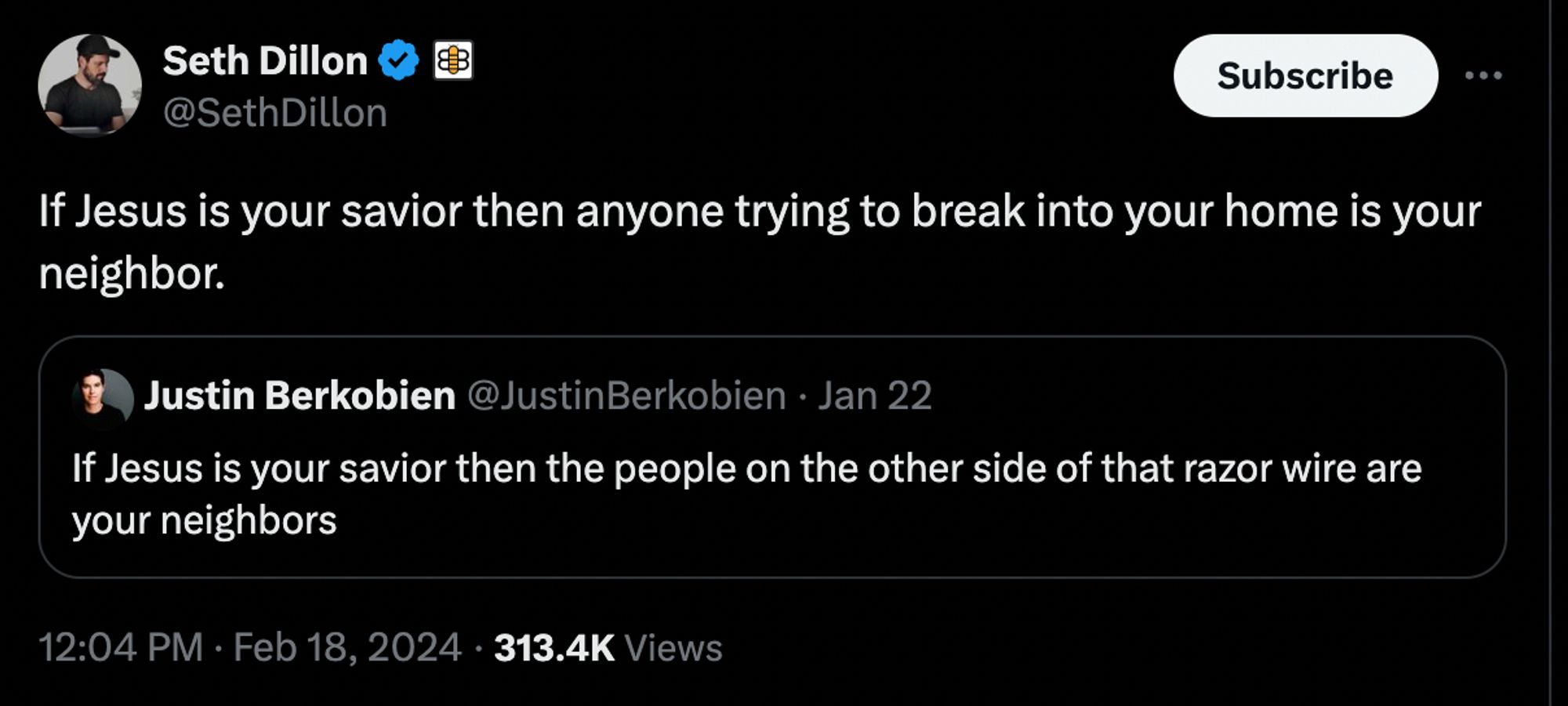 Seth Dillon (Babylon Bee's CEO) QTs a call to love immigrants by saying "If Jesus is your savior then anyone trying to break into your home is your neighbor."