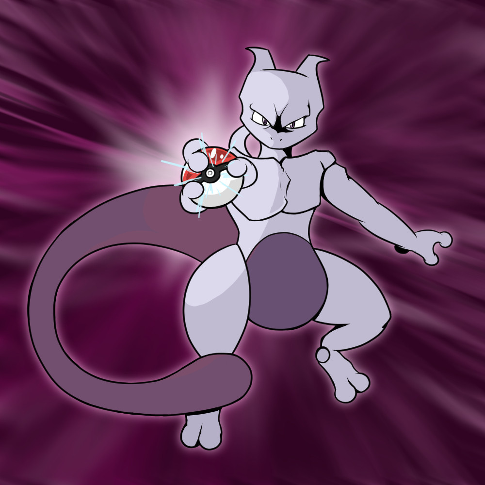 Mewtwo holding a Pokeball towards the screen.