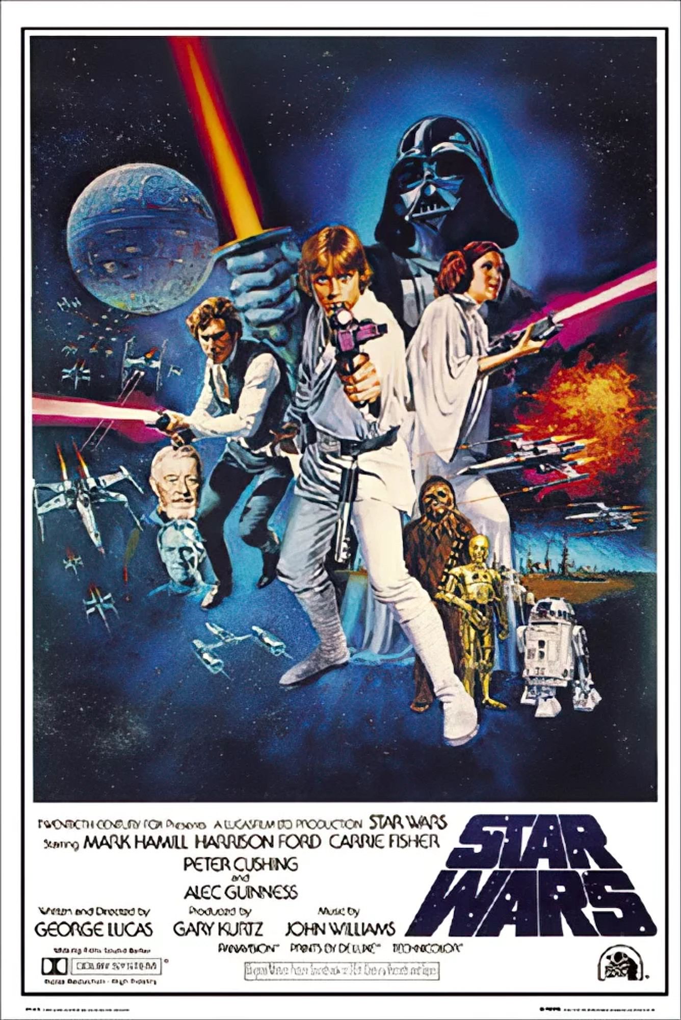 The full colour poster for Star Wars A New Hope featuring Luke Skywalker, Hans Solo and Princess Leia in battle mode, with Darth Vader and the Deathstar in the background. The entire poster had a dark background with the protagonists in lighter tones. The bottom quarter of the poster has a white band with the credits and Star Wars in block capitals.