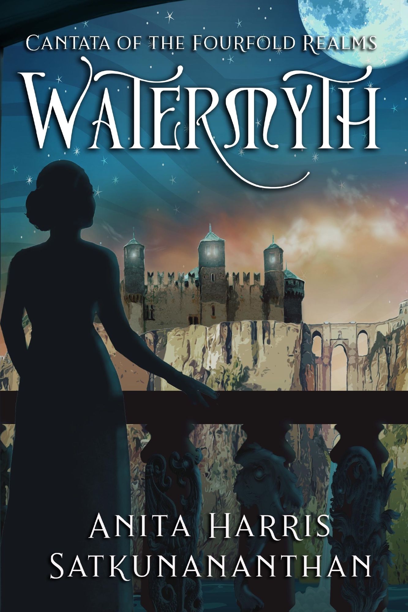 The cover of Watermyth by Anita Harris Satkunananthan has a woman in silhouette (Finora) with her hair in a bun, resting one hand on the balustrades of her balcony as she stares at a neighbouring Palazzo.