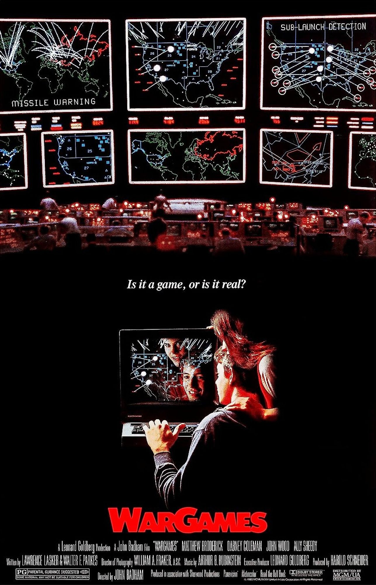 The poster for WarGames (1983) is Black, with the WOPR (War Operation Plan Response) supercomputer on the top half of the poster, and with a small subtitle of "Is it a Game, or is it real" in the middle. Beneath is Matthew Broderick smiling at a computer screen, his left hand on a keyboard while Ally Sheedy leans over him. Beneath them is WarGames written in bright red capitals.