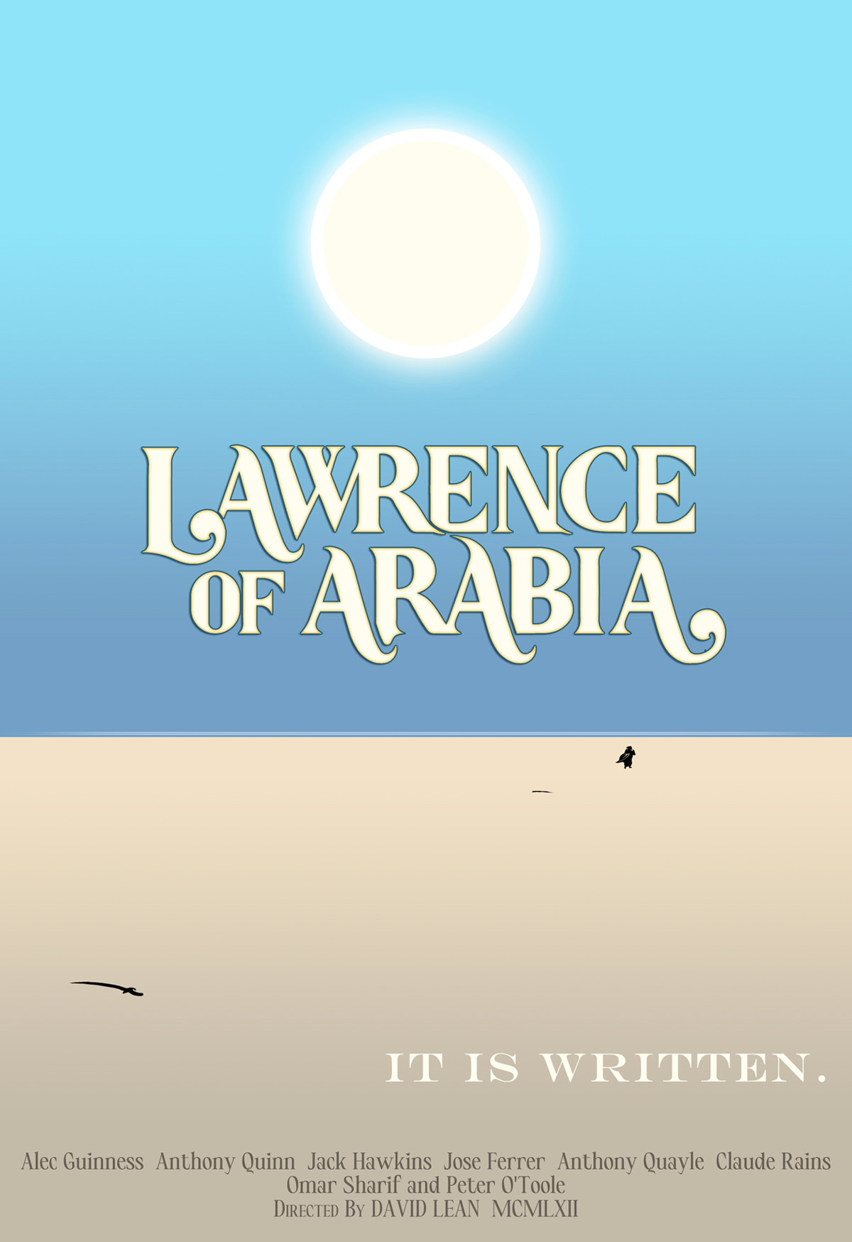 Stark poster for Lawrence of Arabia film. Large sun in a bright blue sky over the desert. A lone figure walks into the distance.