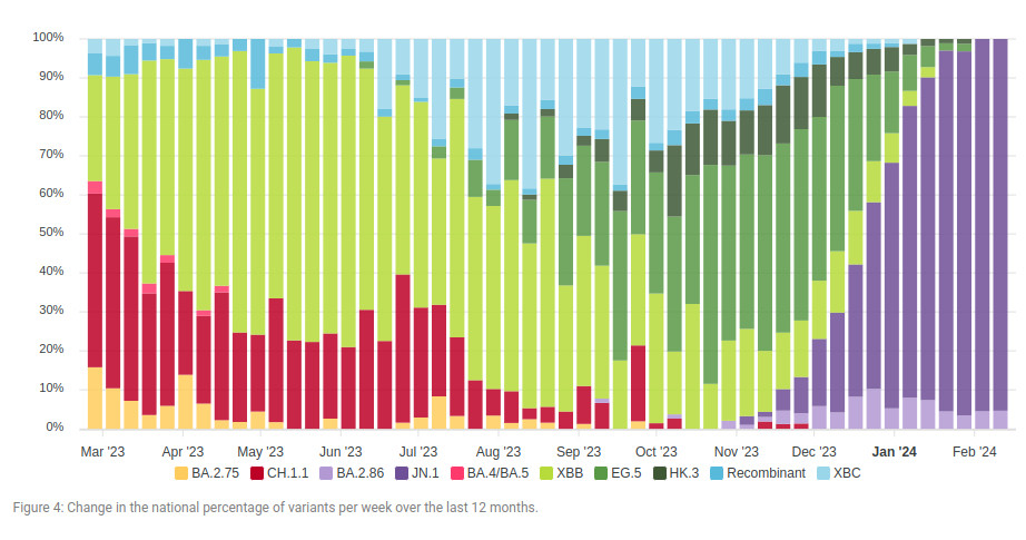 Graph showing covid variants in wastewater in NZ, JN.1 has dominated all of February