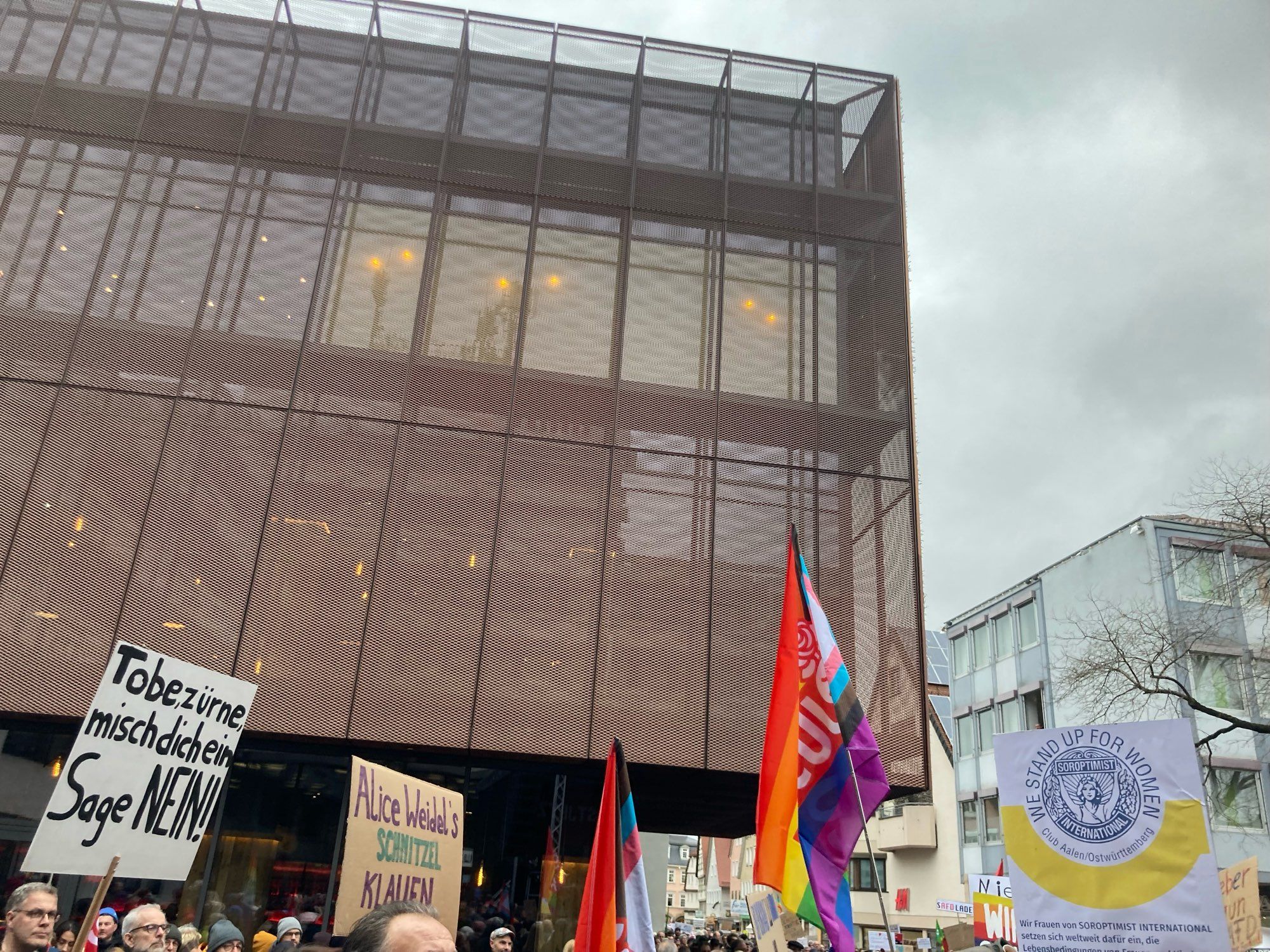 Demo gegen Rechts in Aalen. 
Schilder: Tobe, zürne, misch Dich ein. 
Sage Nein!
Alice Weidel das Schnitzel klauen!
und viele mehr