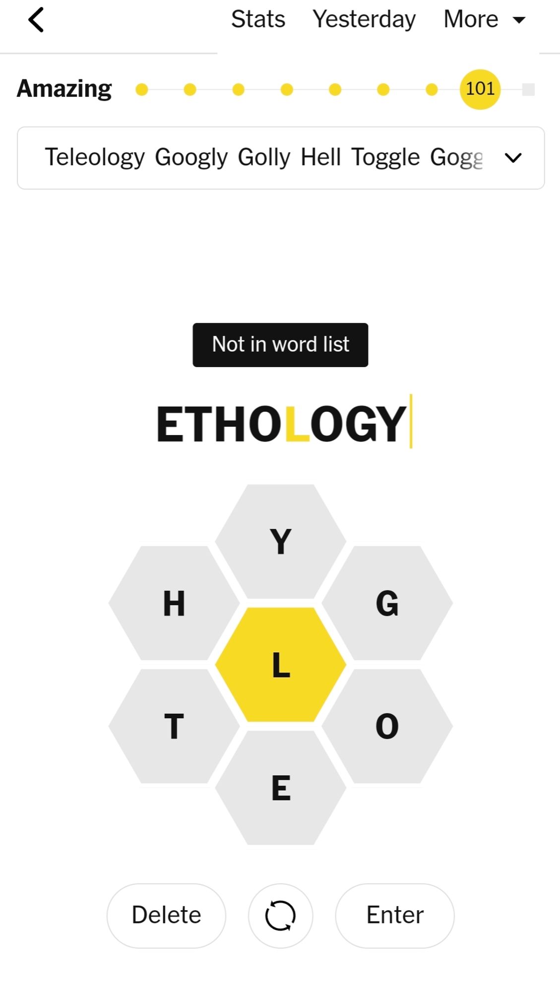 A screenshot of Spelling Bee where "ethology" is not an accepted word.