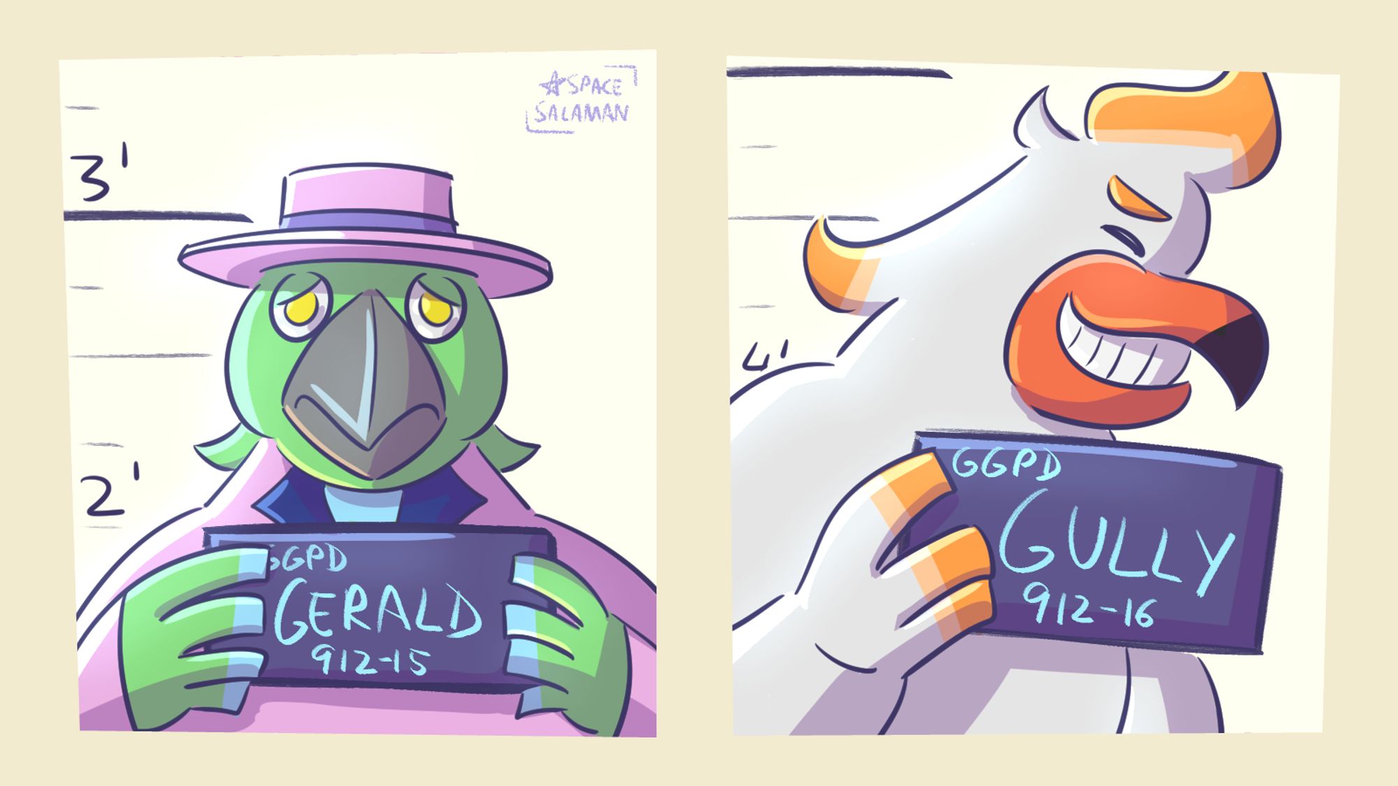 tophat parrot and smug seagull are under arrest with mugshots!