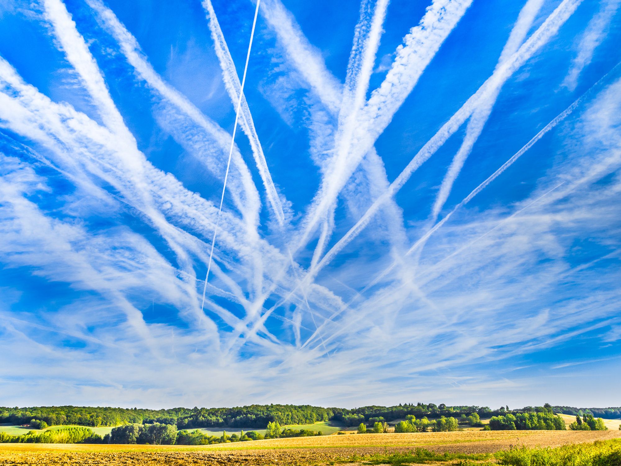 Nearly every Monday morning between 8am and 9am I see this number of contrails in the sky at 30,000 ft. My location in the sud-Touraine area of central France is under major routes for jet aircraft heading south from Paris and London to south European and African destinations.

#BlueMonday #MondayBlue #AircraftContrails #Contrails #Bluesky #Landscape #France