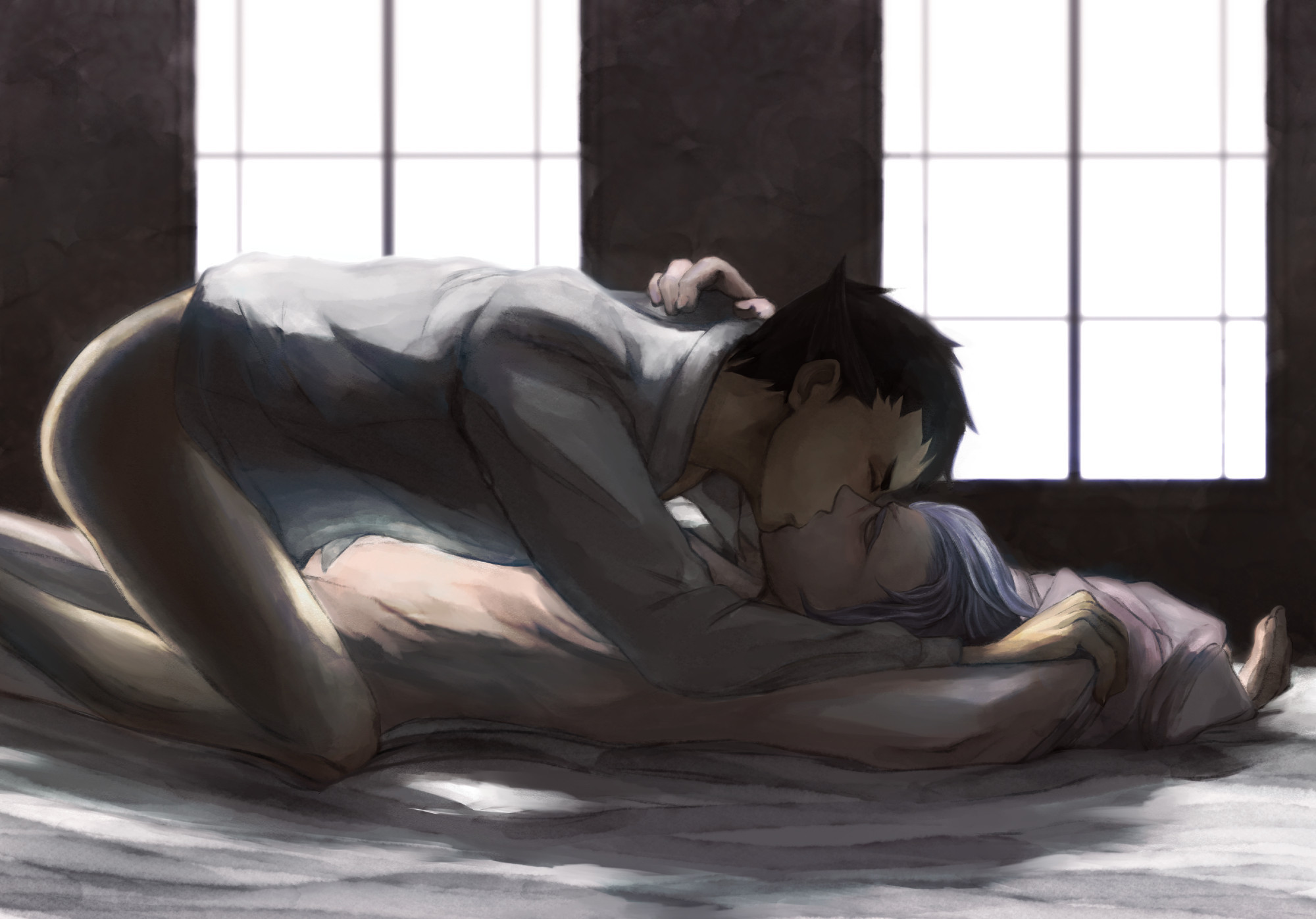 Romantic AND erotic fanart of Ryuunosuke Naruhodou and Barok van Zieks from The Great Ace Attorney on bed, Naruhodou only wearing a white dress shirt while kissing and undressing van Zieks. The art style is very painting-like