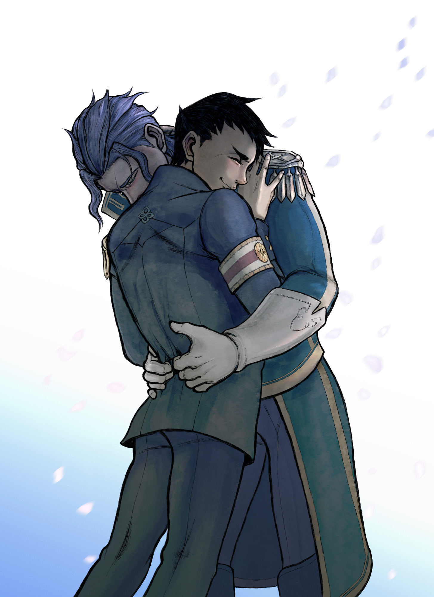 Barok van Zieks and Ryuunosuke Naruhodou from the game series The Great Ace Attorney hugging tightly. You can see tears glinting both in their eyes.