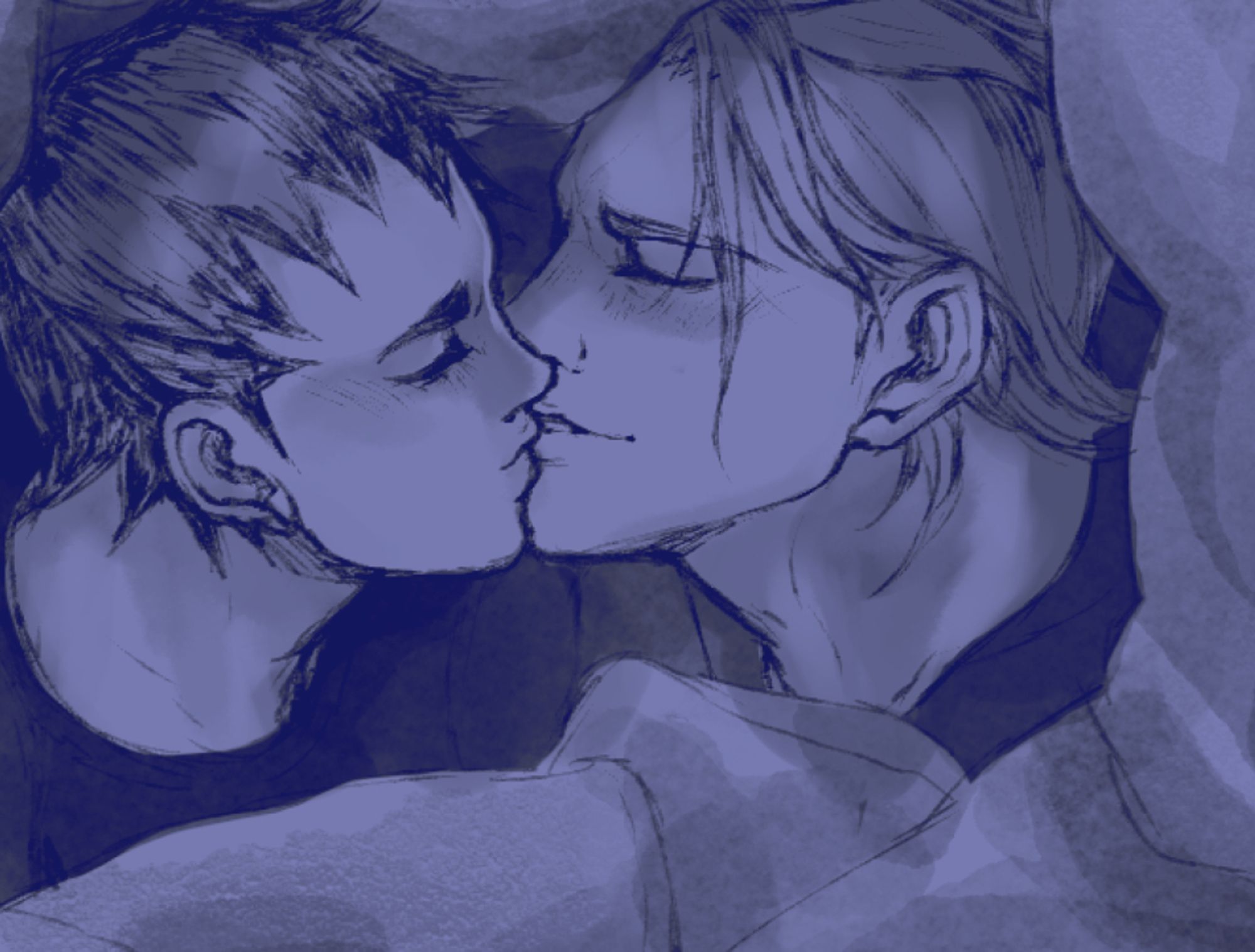 cropped WIP of Barok van Zieks and Ryuunosuke Naruhodou kissing under what appears to be a duvet