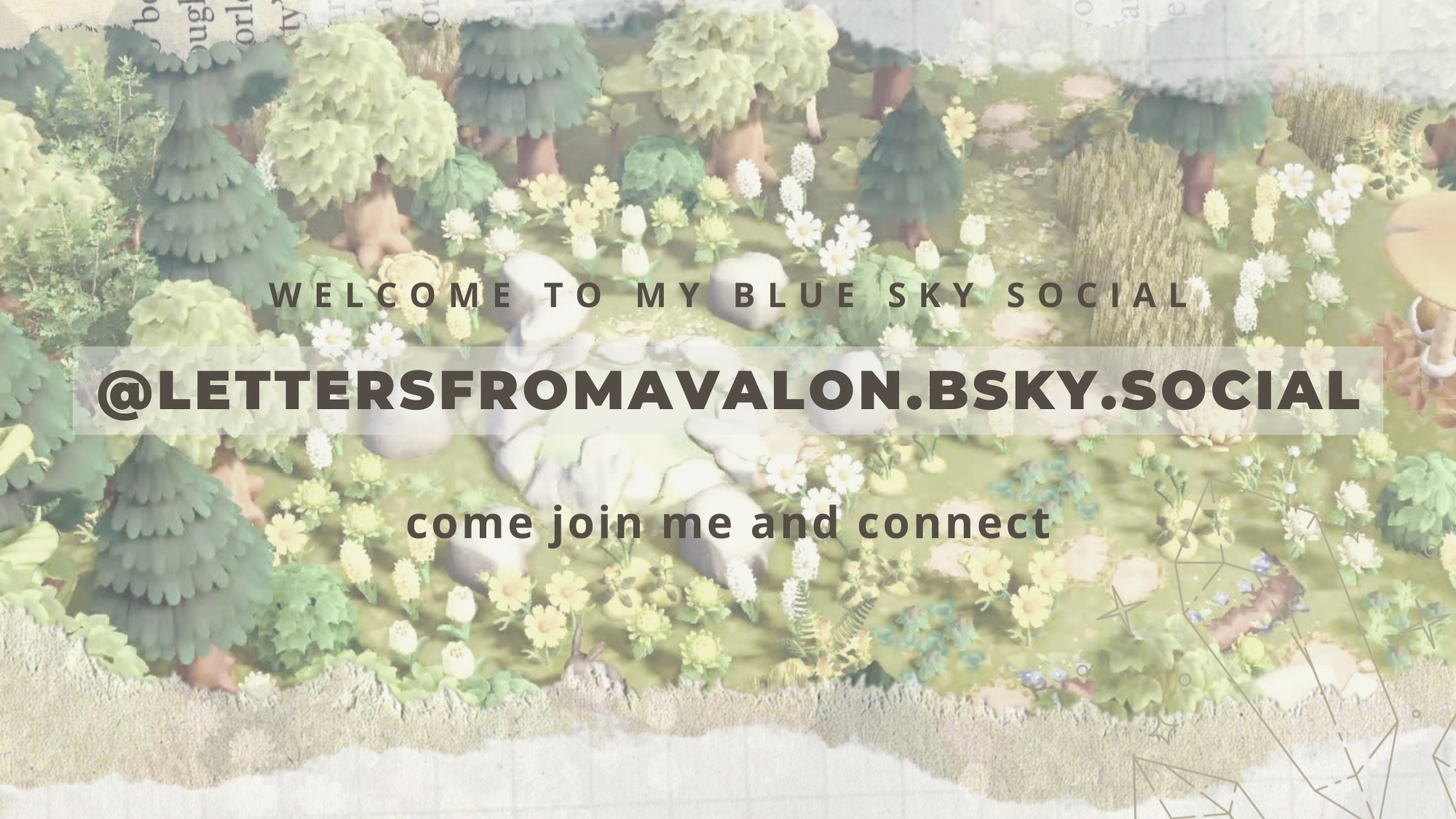 Screenshot from animal crossing: new horizons game on the Nintendo Switch. Includes text to describe this users bsky username.