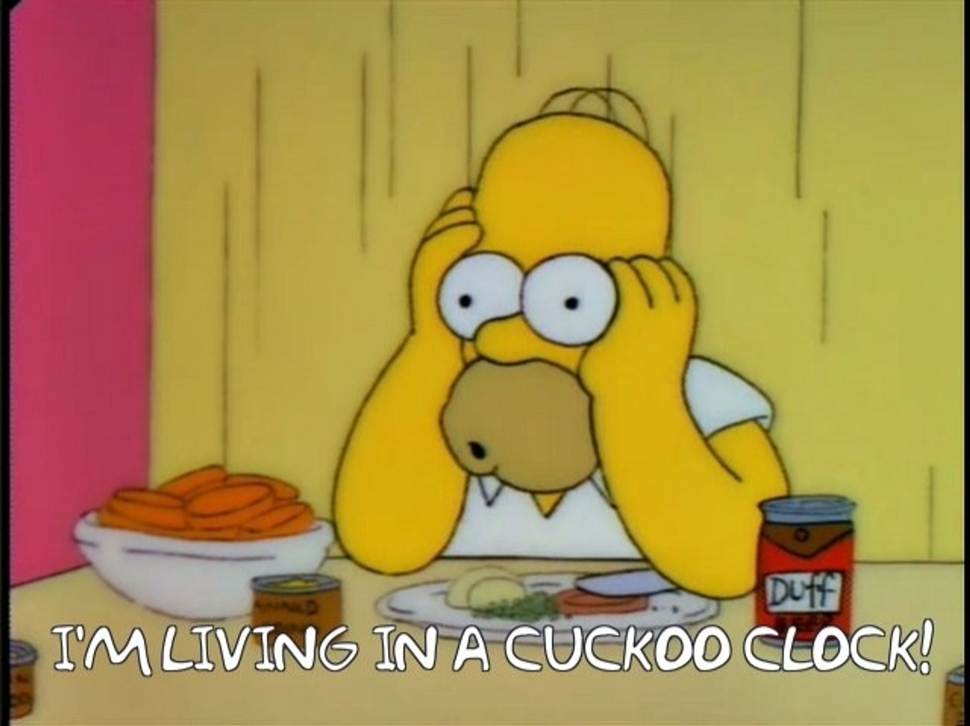 Still from The Simpsons showing Homer holding his head and saying "I'm living in a cuckoo clock!"