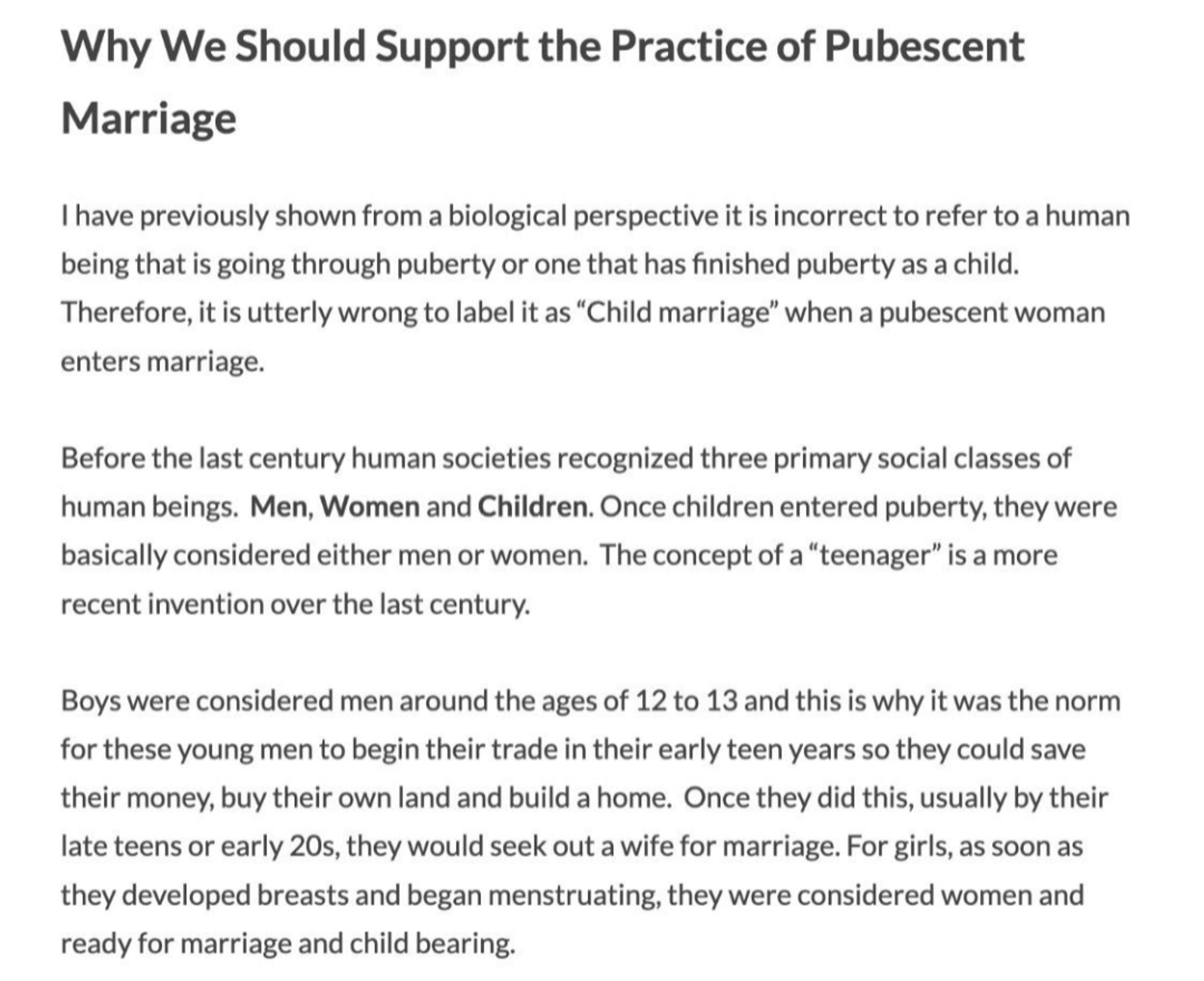 Right wing and Christian pundits like Matt Walsh and Steven Crowder lauded the idea of having women under the age of 18 marry and have children, as well as the idea that no-fault divorce should be outlawed. They want to trap young women in situations where they only exist to bear children.