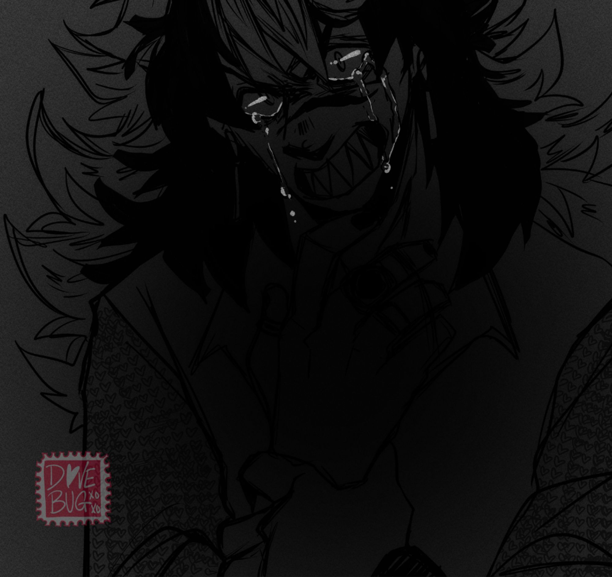 A very sketchy art of Hiraeth as he angrily cries and stares forward. The lines are all black and there is a very dark gradient radiating from his hand that he is holding in front of himself.