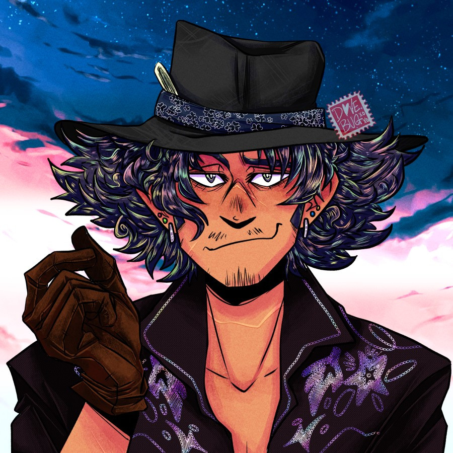 A fully rendered drawing of Wyatt Thaddeus Sterling of Ghost Getters. He is making a little "money" motion that one does with their thumb and pointer finger and he is smirking rather smugly. Behind him is a sunset and starry sky but the colors are purposefully a palette that matches the trans flag.