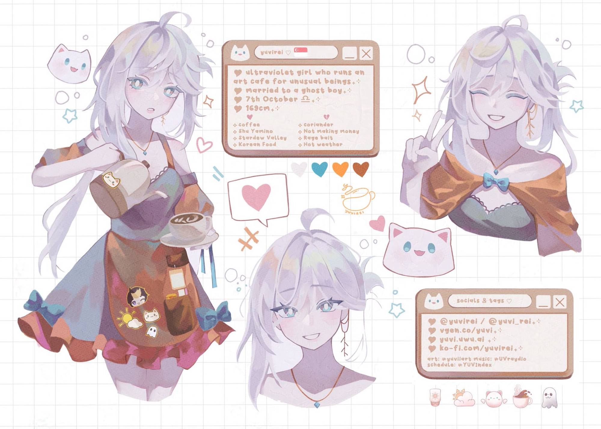 reference sheet for yuvi rei, one image of her pouring coffee in a grey and orange outfit. she has white hair and blue eyes, and there is a rainbow sheen on her hair. she is accompanied by a floating circular cat called Io, who has white fur with blue eyes as well.

she is an ultraviolet girl who passed the ozone layer and now runs a cafe for unusual beings
she is married to a ghost boy
her birthday is on 7th october
she is 169cm tall

she likes coffee, shu yamino, stardew valley, and korean food. she dislikes coriander, not making money, rage bait, and hot weather.