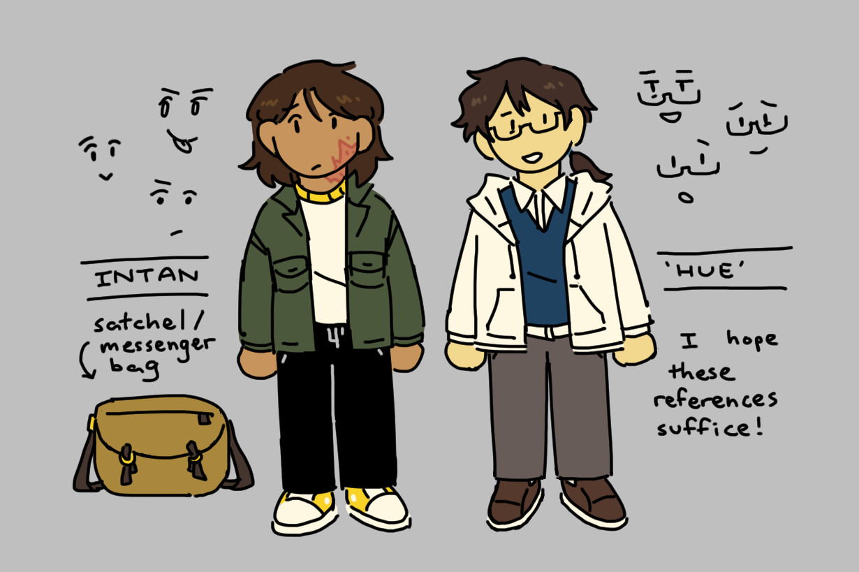 A reference drawing of two people: Intan, who wears an olive green jacket, and Hue, who wears a white hoodie. Beside Intan is a satchel.