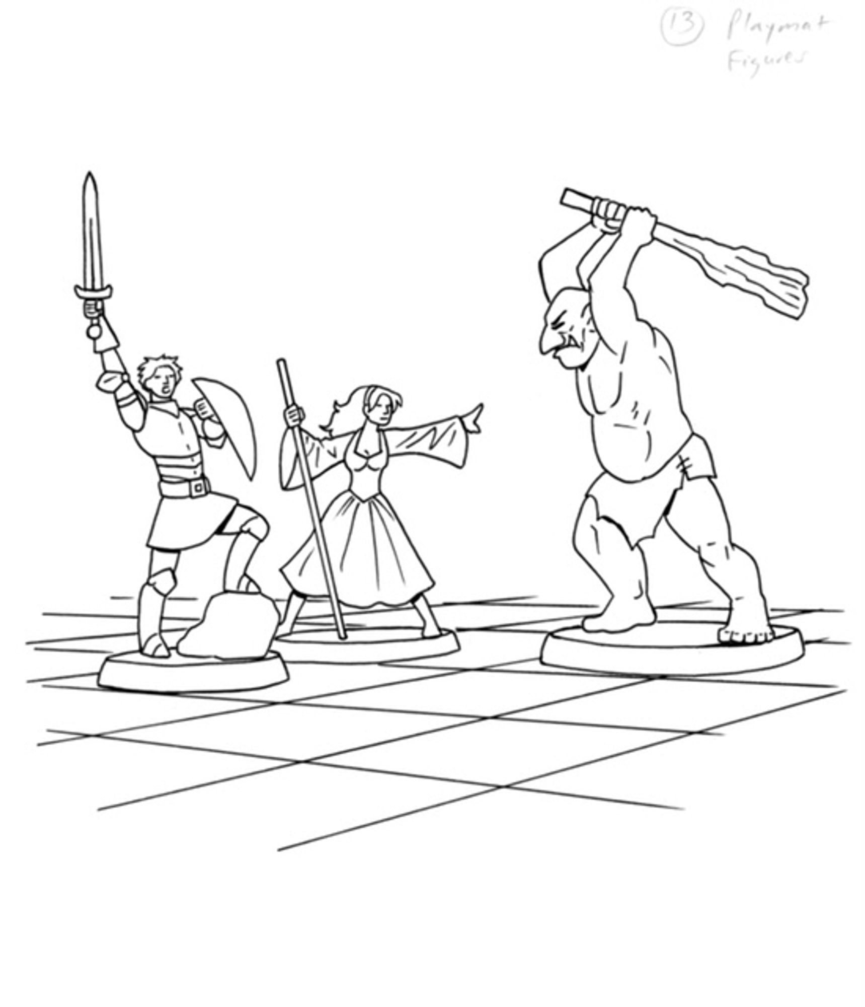 Figurines of Fighter, MU and Ogre on gridded surface