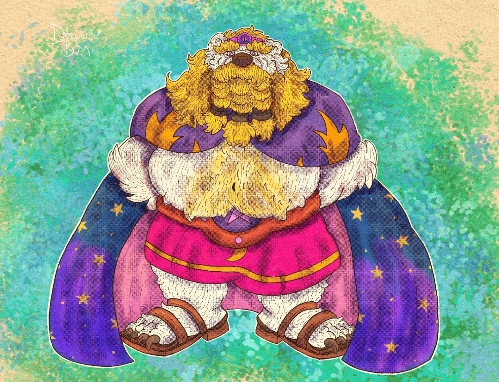 A fat bjarken (bearfolk) man with gold hair, a big braided beard, and an exposed belly. He wears a pink circlet on his head with an eye in the center, a long purple and blue cloak with star patterning and a pink interior, a large leather belt with a star symbol, a pink skirt with a moon on it and brown leather sandals.