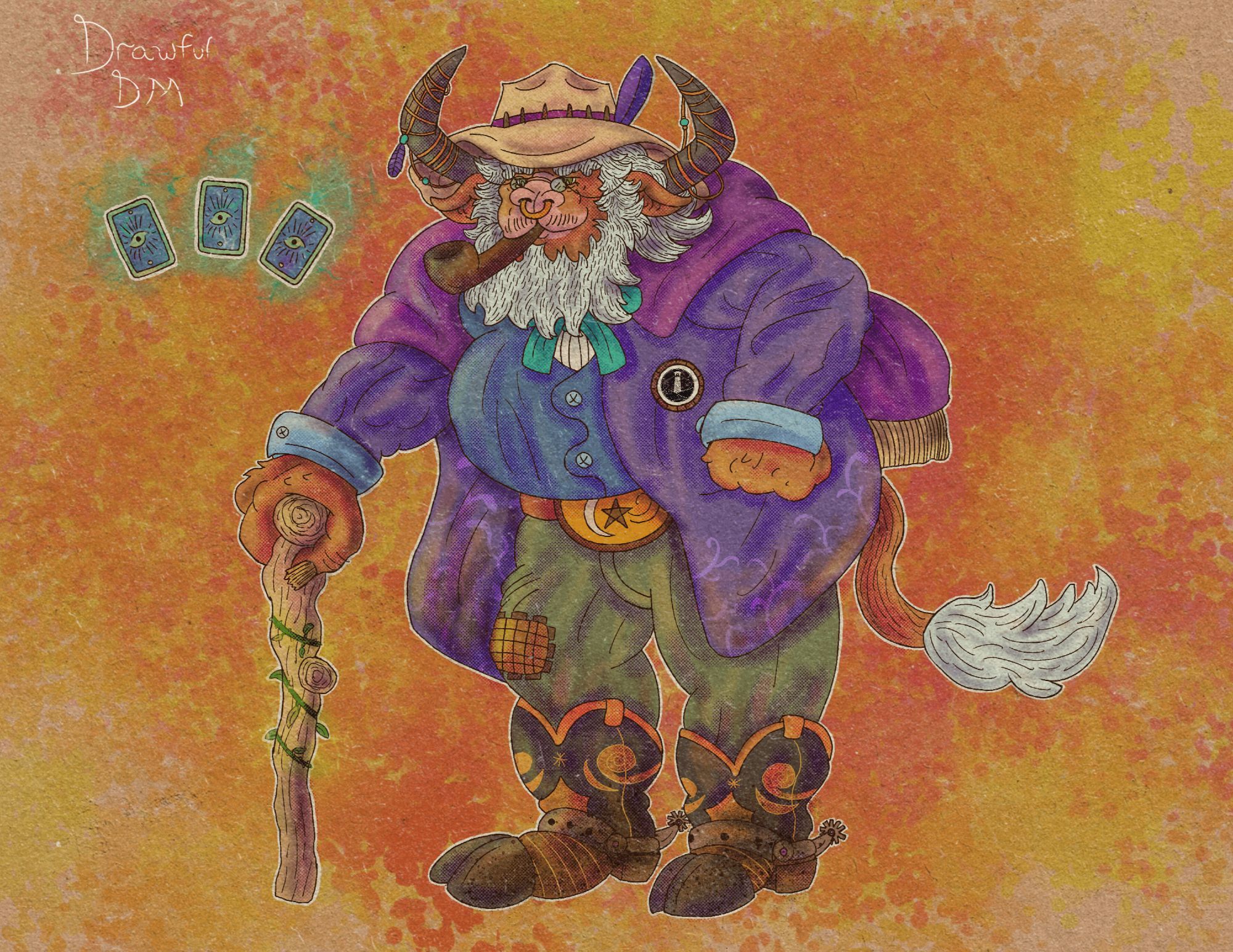 An elderly minotaur in cowboy attire, he holds a walking stick wrapped in magical vines and three tarot cards float in front of him.