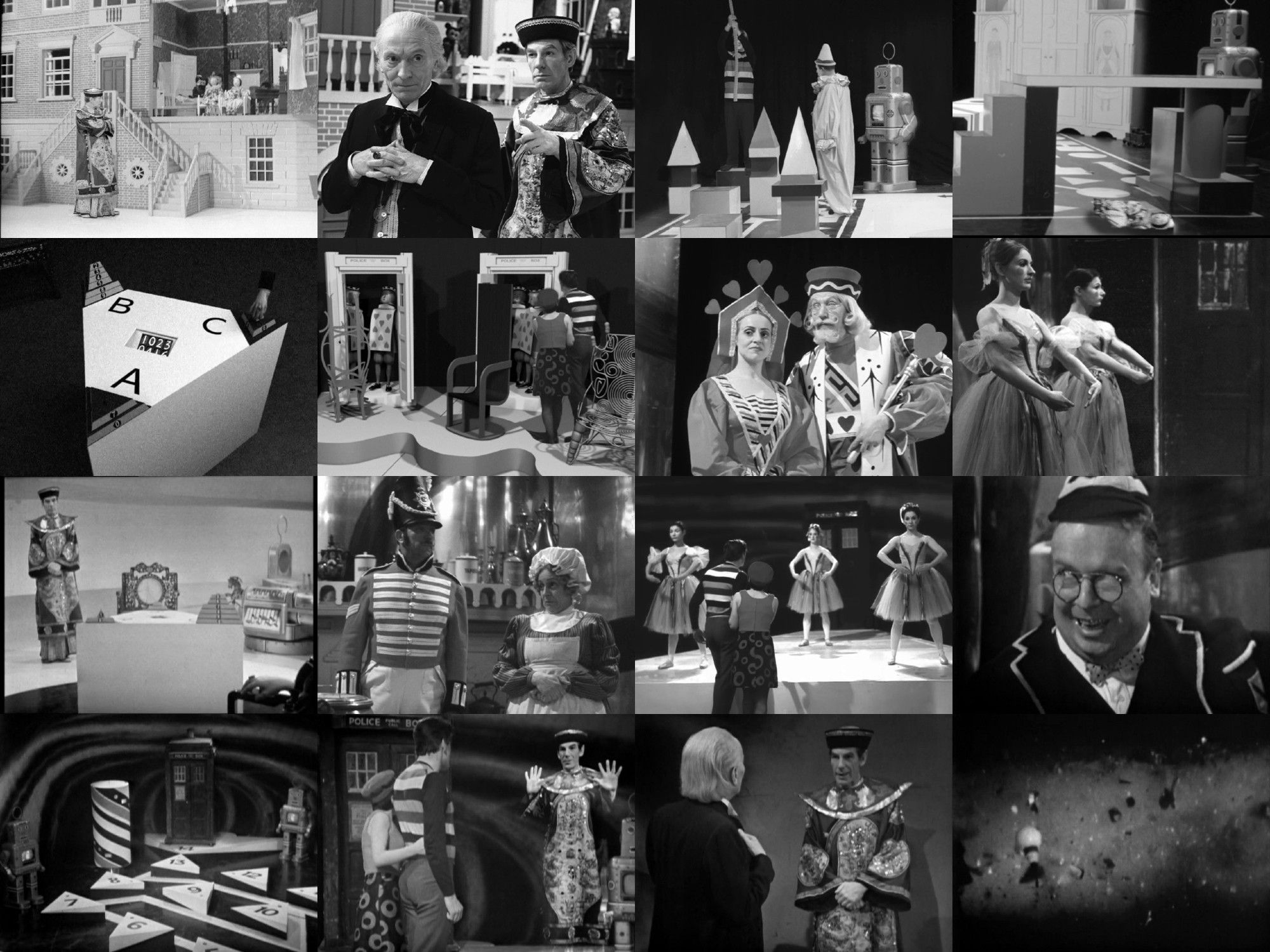 16 images from Doctor Who's The Celestial Toymaker. As the Doctor plays the Trilogic game that doubles as the timer, Dodo and Steven must compete against the Toymaker's toys in various games such as blind man's bluff, musical chairs, find the thimble, and a board game.