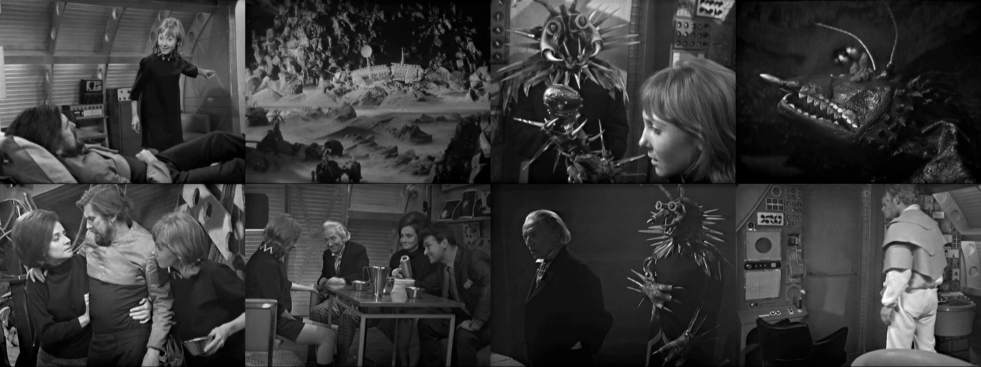 8 images from Doctor Who's The Rescue. Vicki is stranded on Dido with the crippled Bennett, terrorized by the insect-man Koquillion.