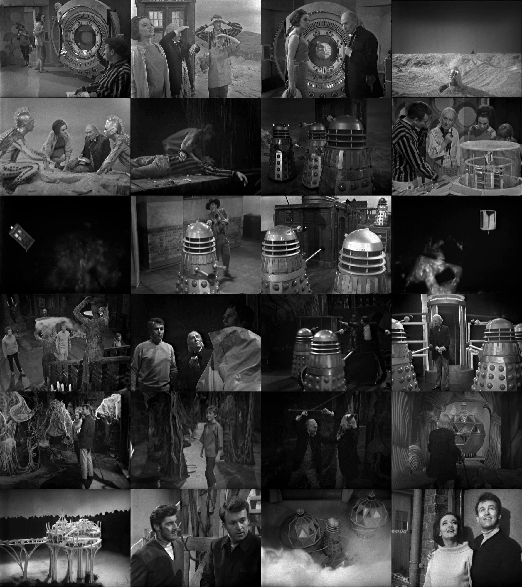 24 images from Doctor Who's the Chase. The Daleks seek revenge against the Doctor and chase him across a desert planet, the Empire State Building, a 1700s ship, a haunted house, then eventually the planet of the Mechanoids.