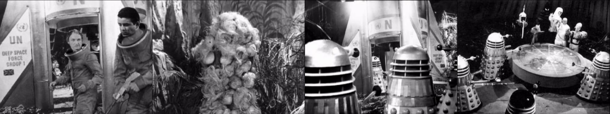 4 images from Doctor Who's Mission to the Unknown. Cory and Lowery try to repair their spaceship, avoid the deadly plant Varga, while the Daleks plan to conquer the Solar System.