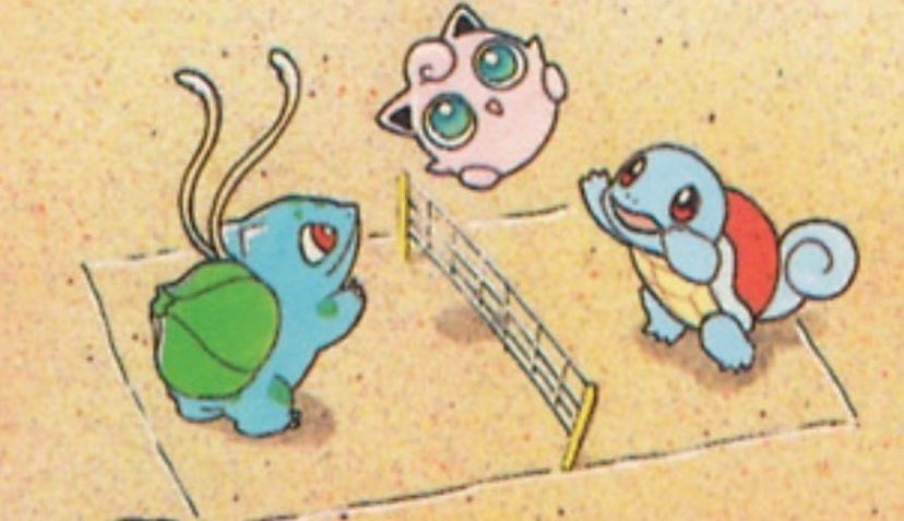 Pokemon Spiel Volleyball 
Zu sehen ist bisasam und schiggy
Wie sie pummeluff als Volleyball benutzt