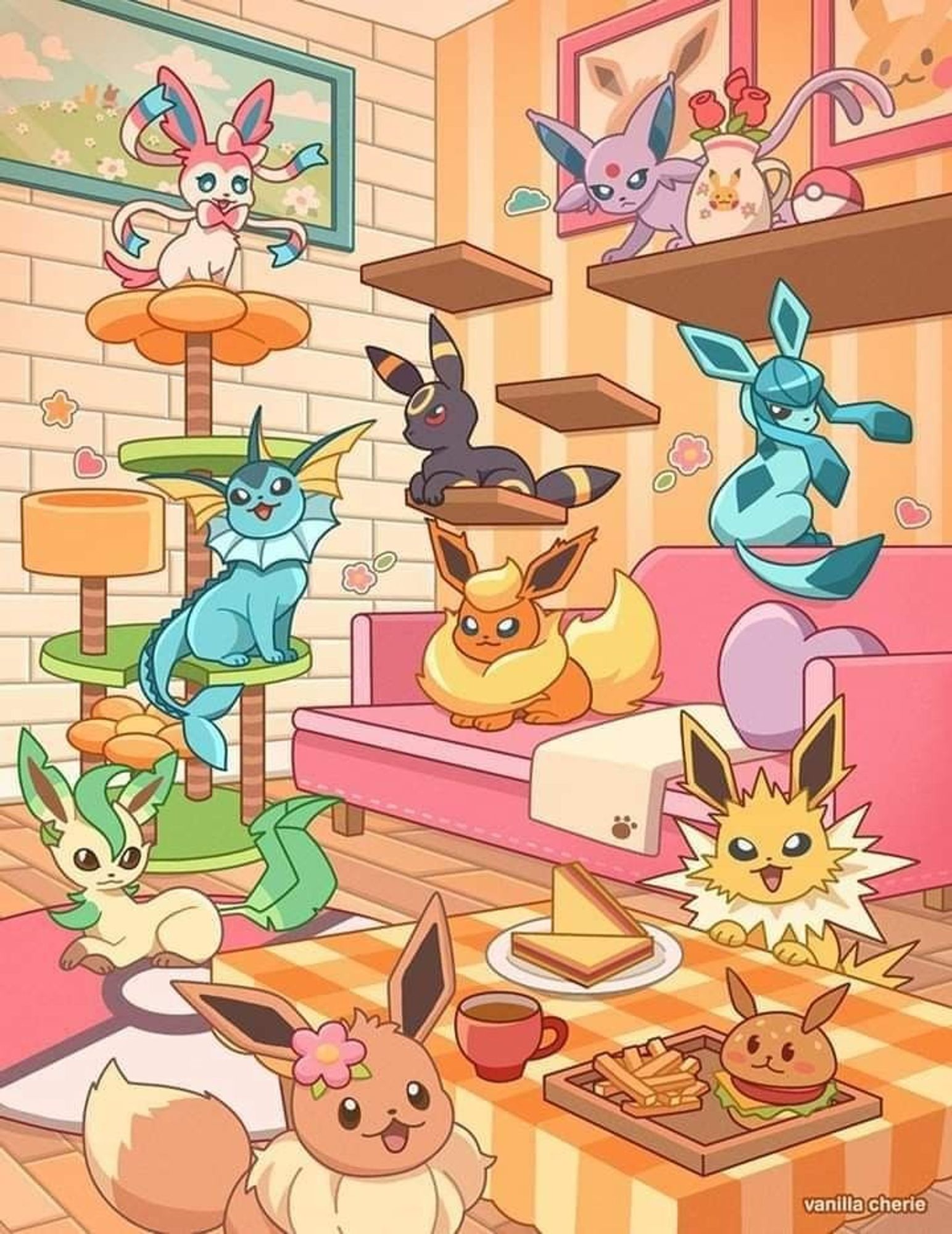 Ein Frühstück raum in Pokémon 
Mit verschiedenen Katzen und Hunde