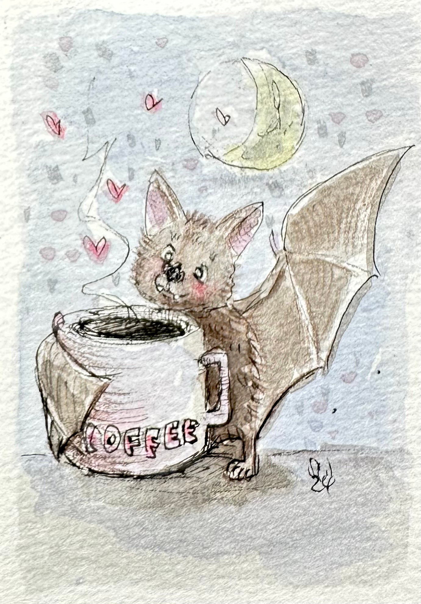 Happy bat holding a cup of coffee