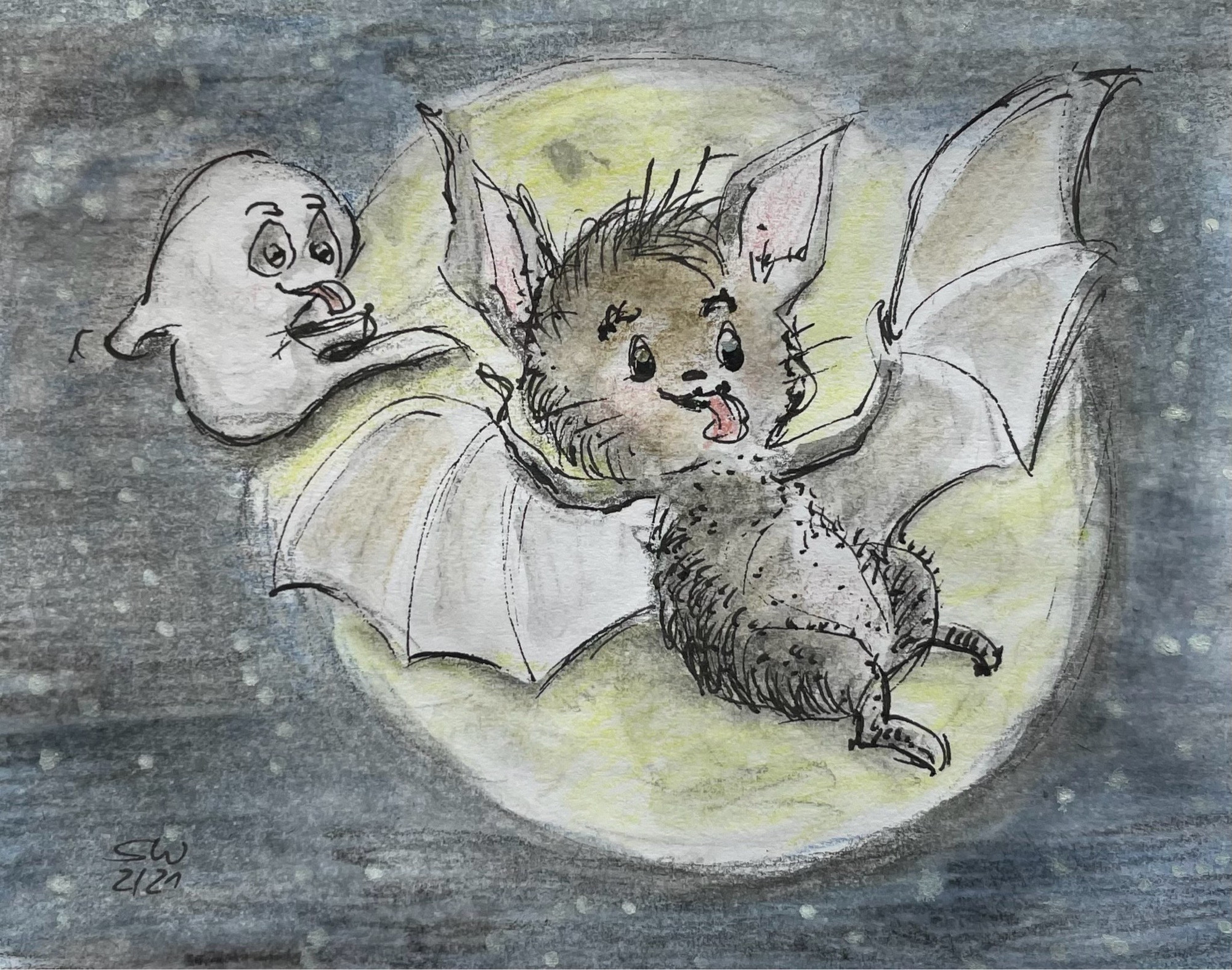 Drawing comic style bat and ghostie in front of the full moon