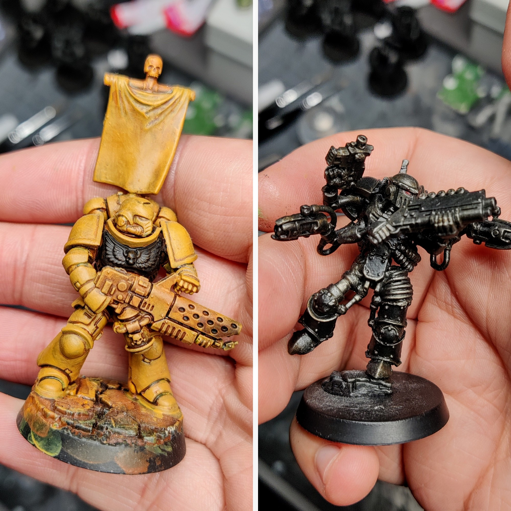 Left - A first attempt at doing the old Rogue Traders Salamander camo scheme, to be base coated again for a second attempt. Right - An Iron Warrior Moritat with cybernetic enhancements in order for him to hold all the weapons it could potentially be equipped with at the same time as per the Horus Heresy rules.