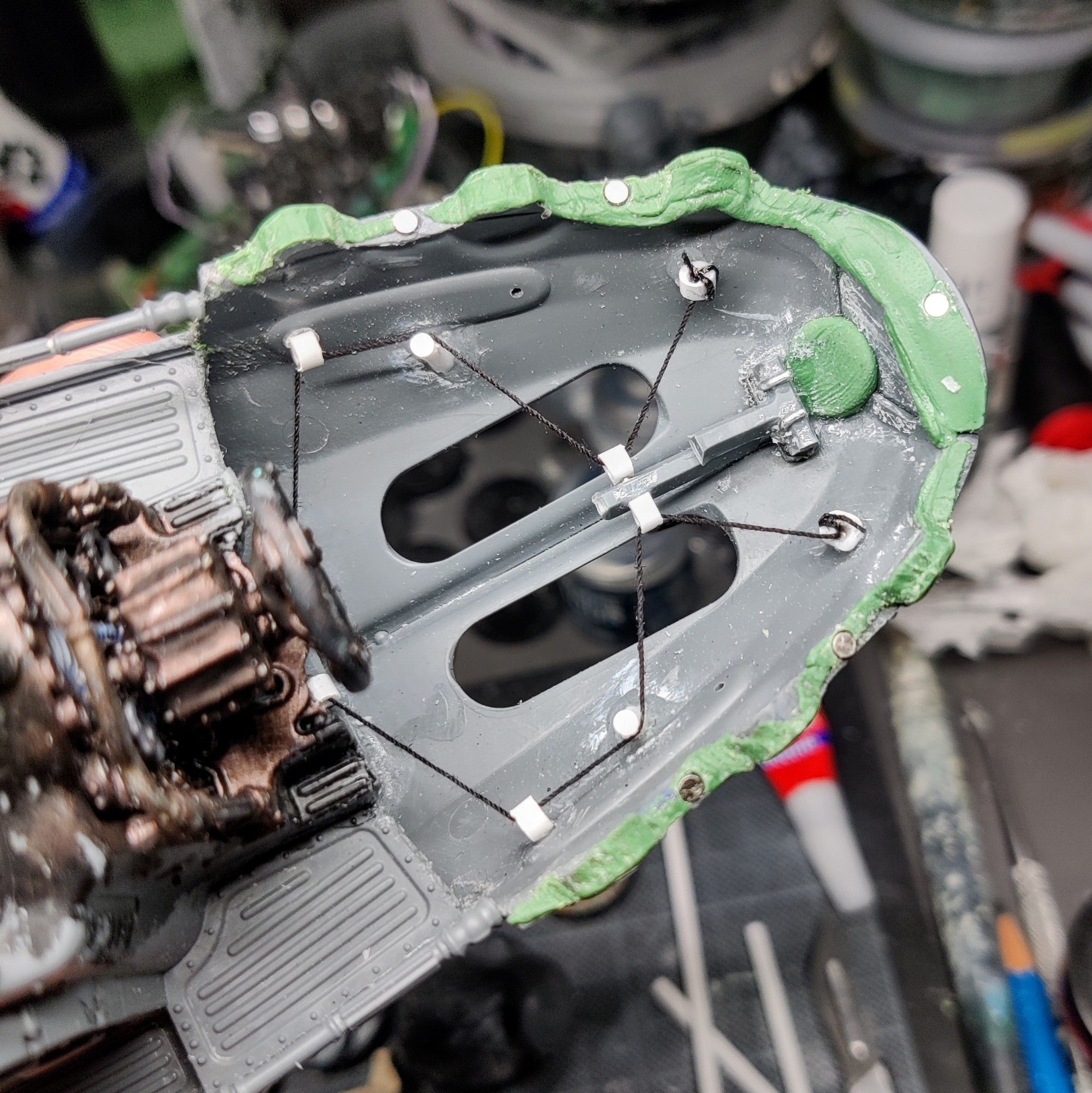 The interior of a Arkanaut Frigate containing a mechanism connected the steering wheel to the rudder