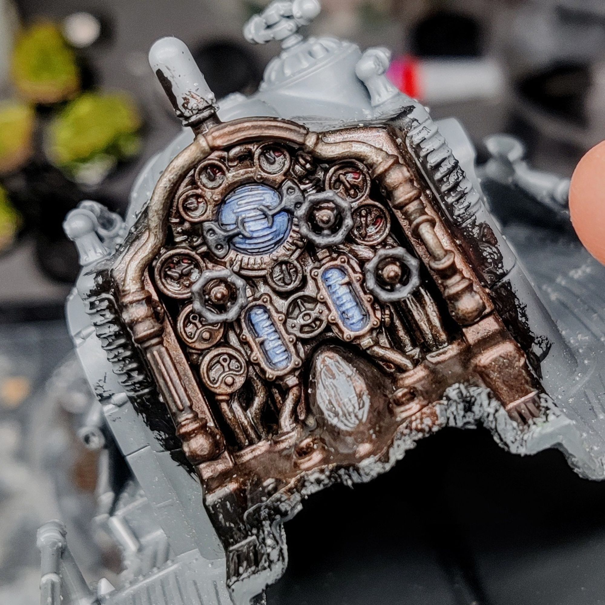 The control panel of a Arkanaut Frigate, painted in bronze