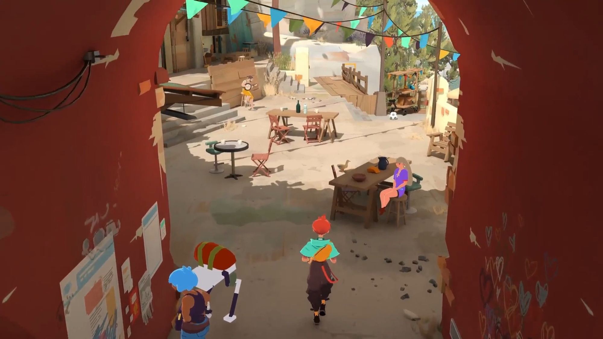 Screenshot from caravan SandWitch. Sage running on the plaza with multiple characters around