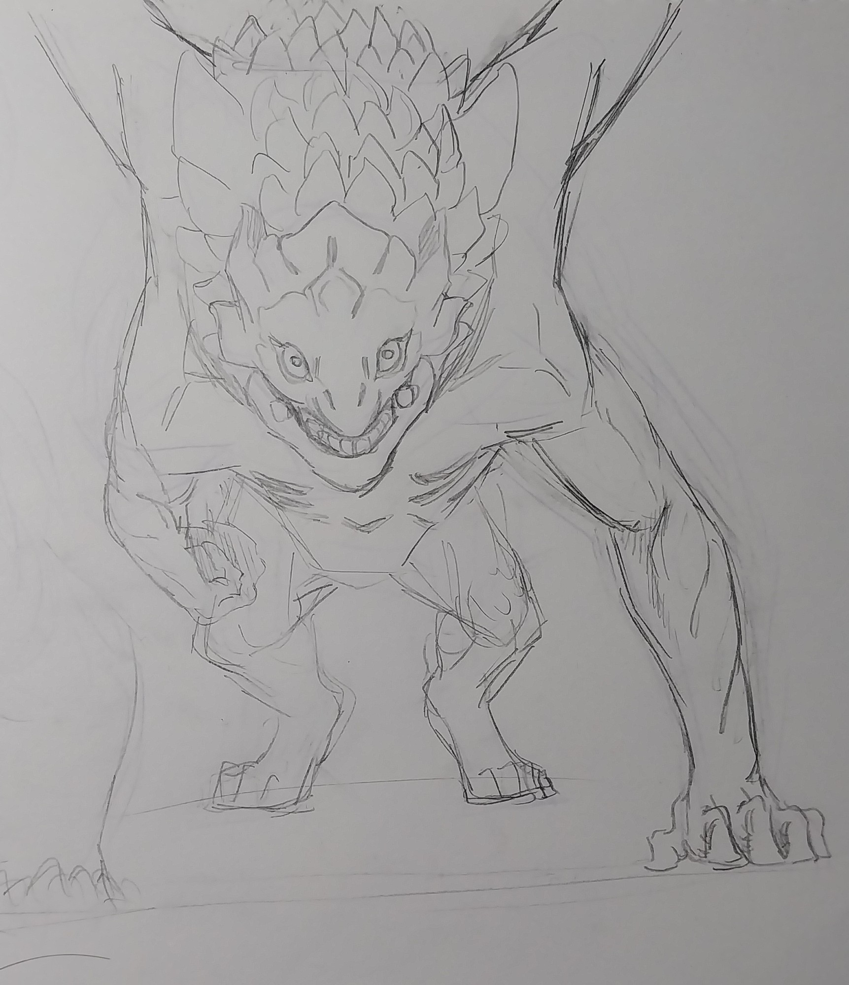 An unfinished sketch of Shara Ishvalda from Monster Hunter World: Iceborne facing forward with a front leg tucked back.